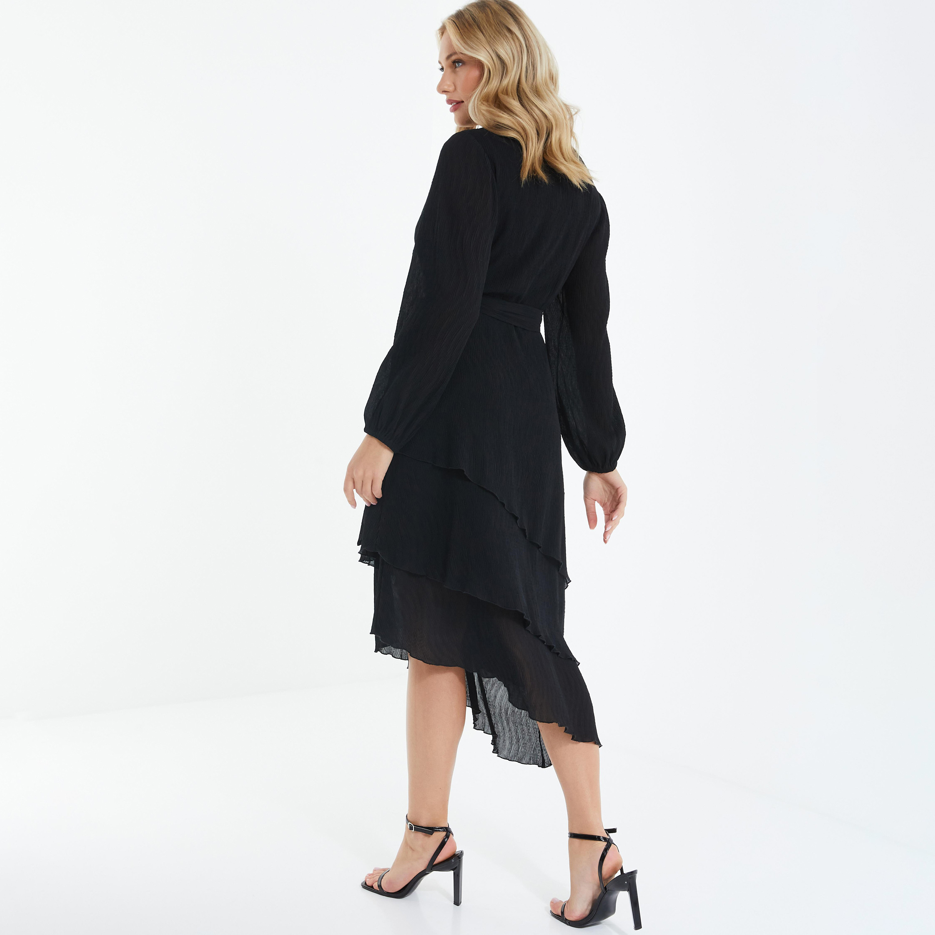 فستان متوسط الطول مزين بالأهداب سادة برقبة على شكل حرف V مع حزام ربطة من كويز-women-clothing-dresses-image-4