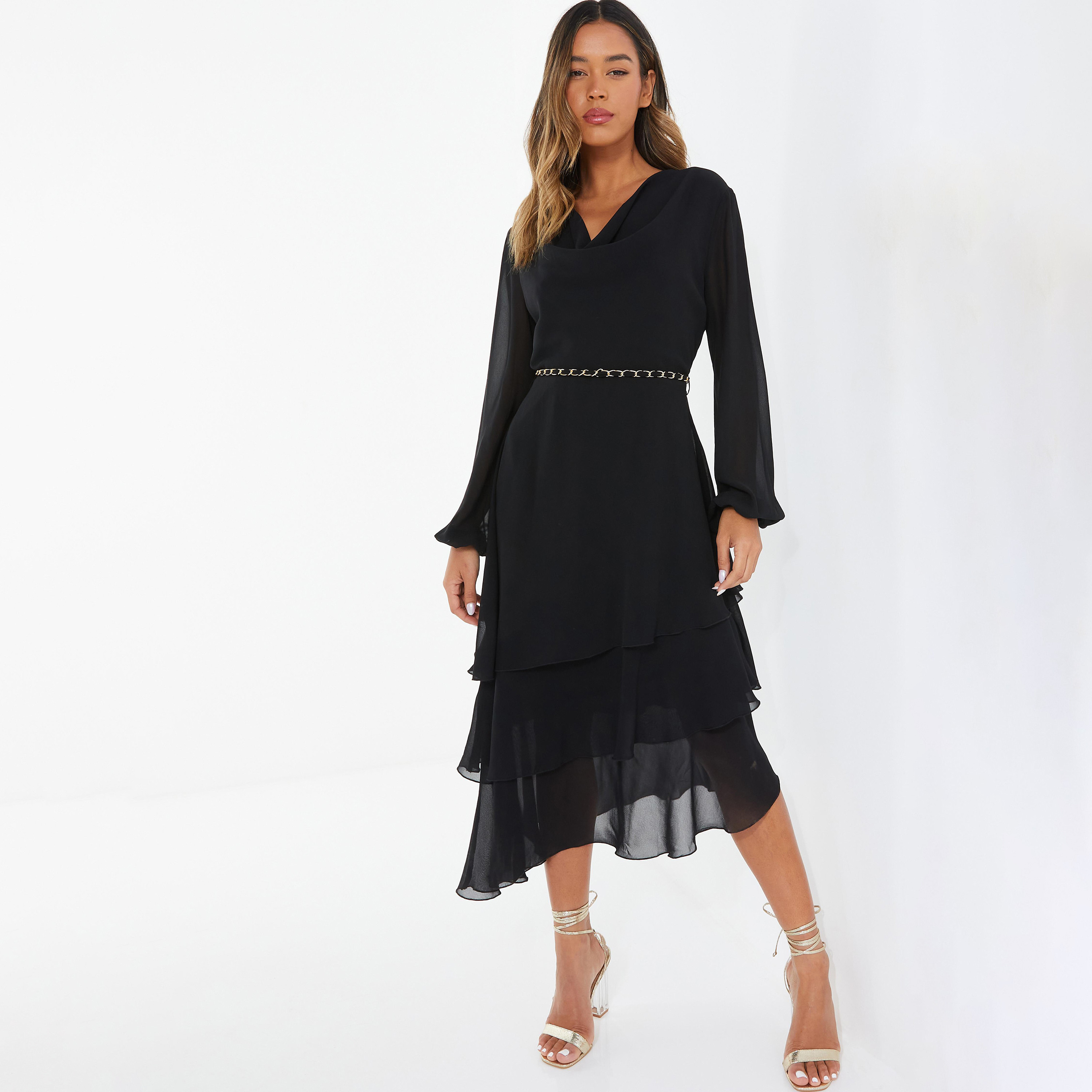 Quiz Plain Cowl Neck Tiered Belted Midi Dress with Chain Detail Belted-women-clothing-dresses-image-1