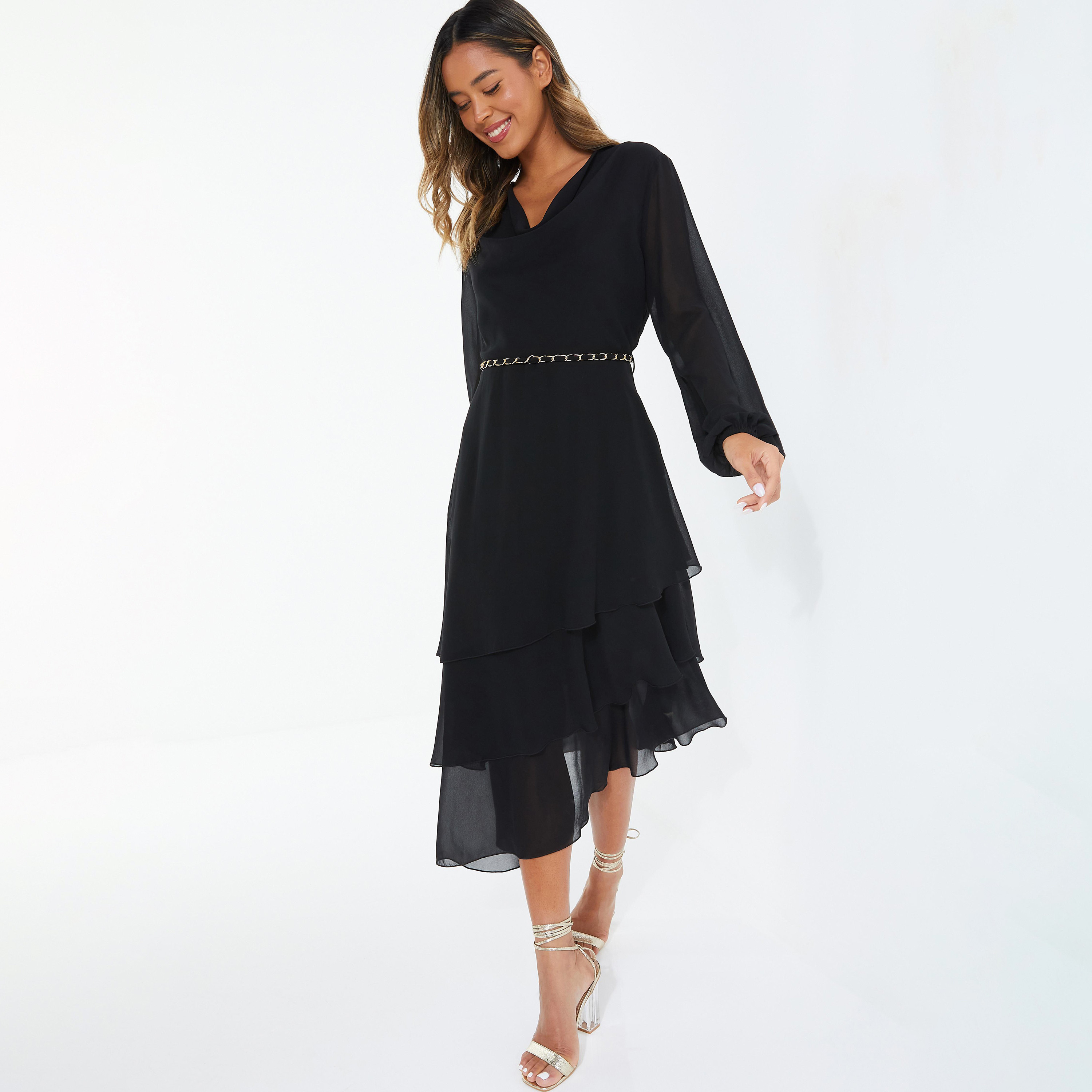 Quiz Plain Cowl Neck Tiered Belted Midi Dress with Chain Detail Belted-women-clothing-dresses-image-2