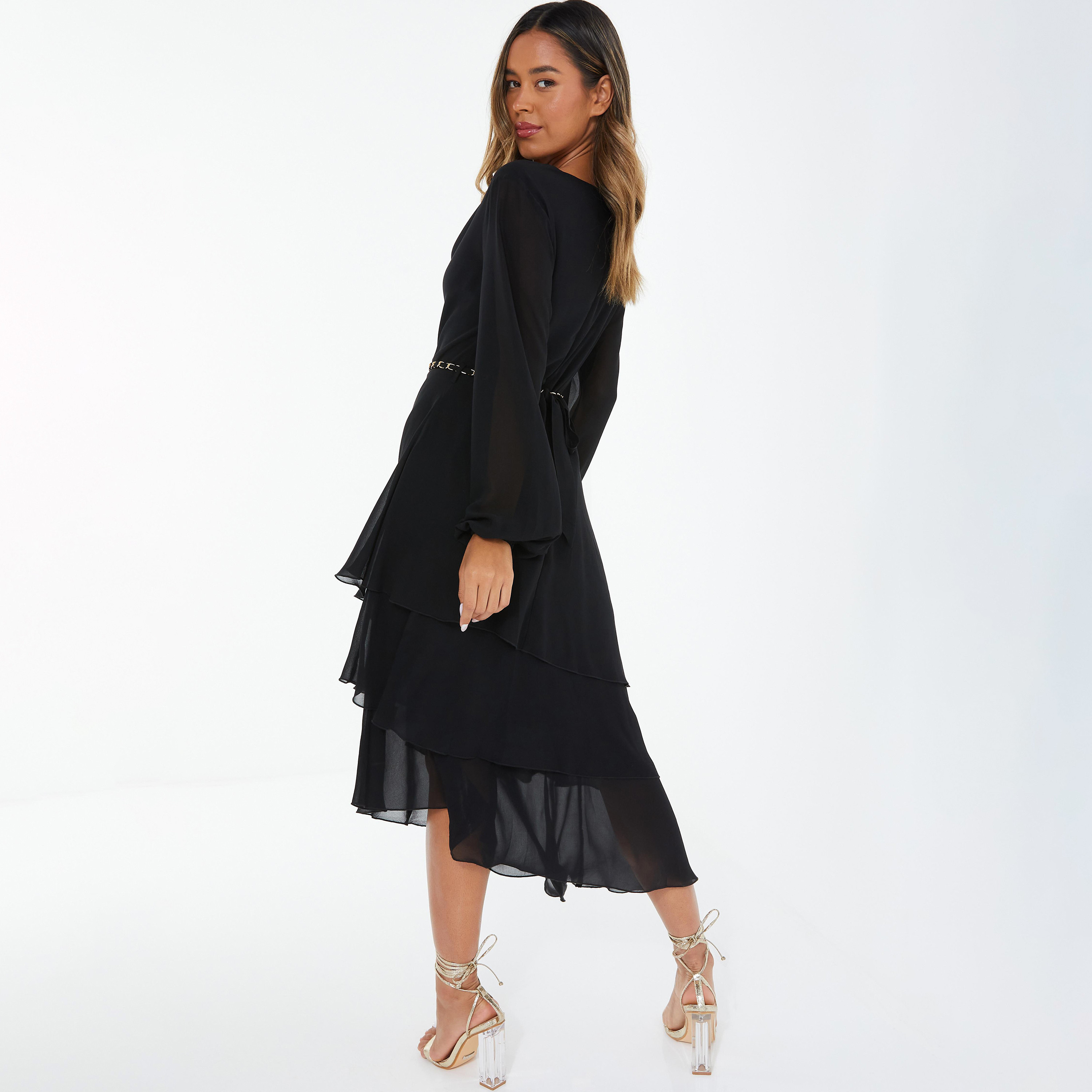 Quiz Plain Cowl Neck Tiered Belted Midi Dress with Chain Detail Belted-women-clothing-dresses-image-4
