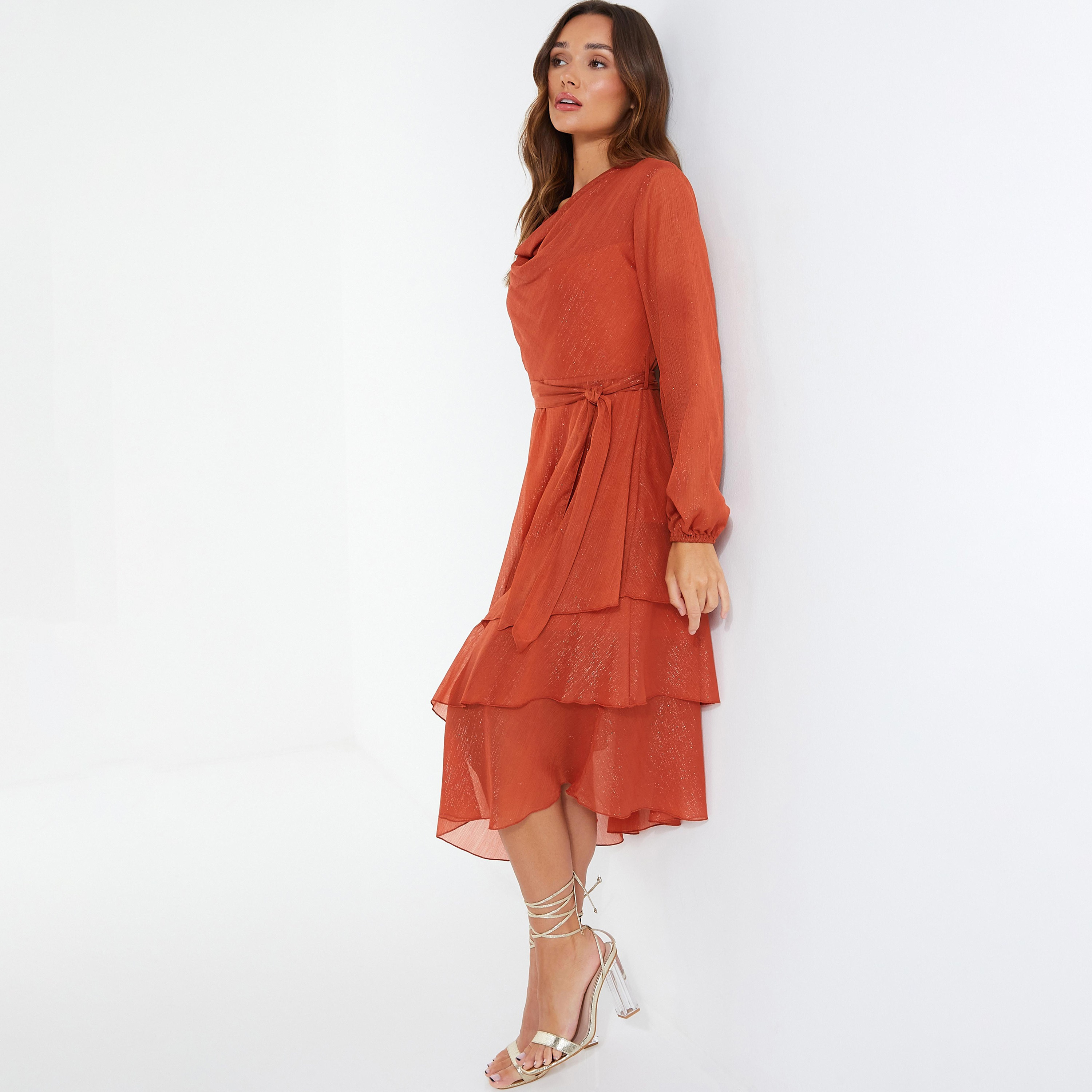 Quiz Plain Cowl Neck Tiered Belted Midi Dress with Tie-Up Detail-women-clothing-dresses-image-2