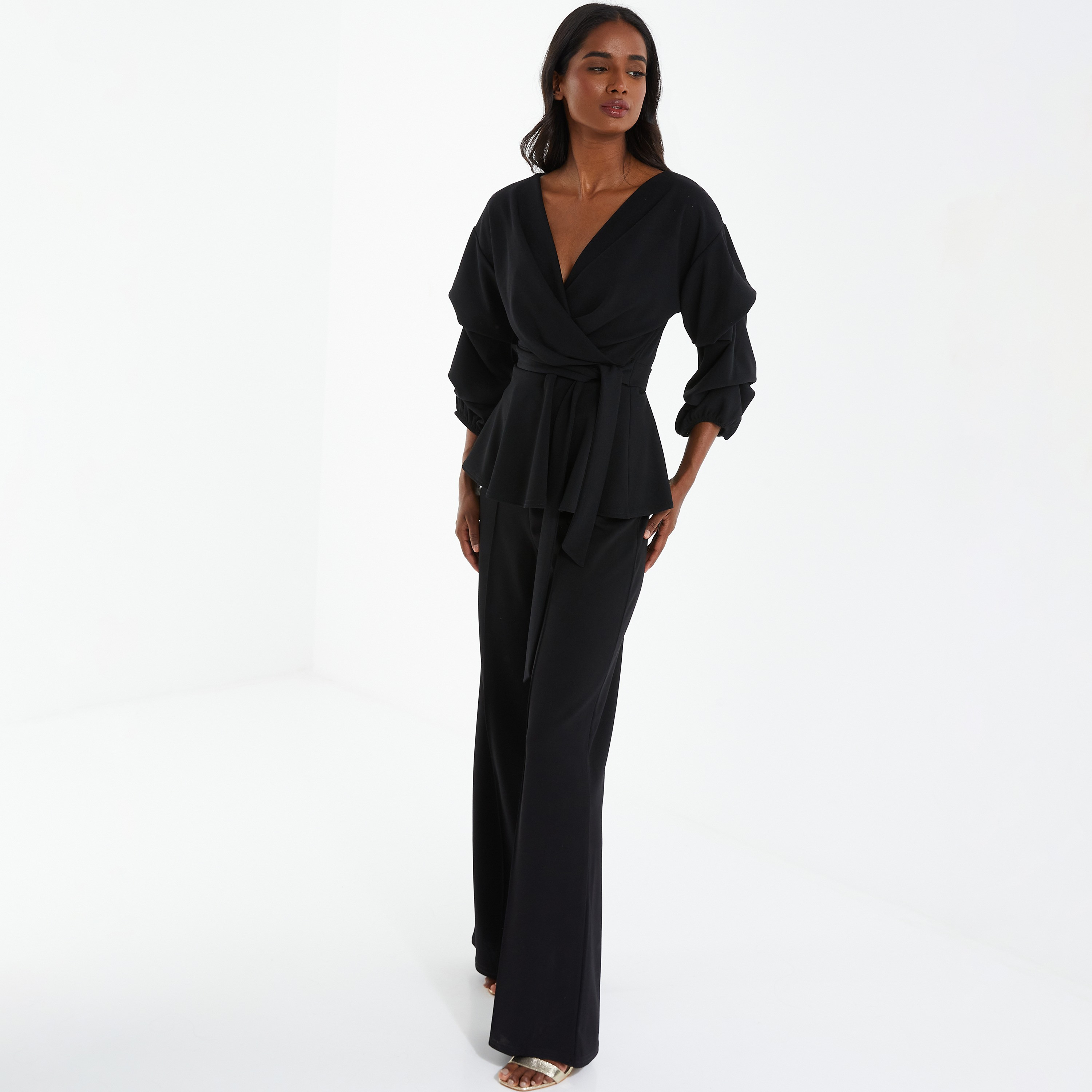 Quiz Plain V-Neck Ruched Sleeve Peplum Top with Front Tie-Up Detail-women-clothing-shirtsandblouses-blouses-image-2