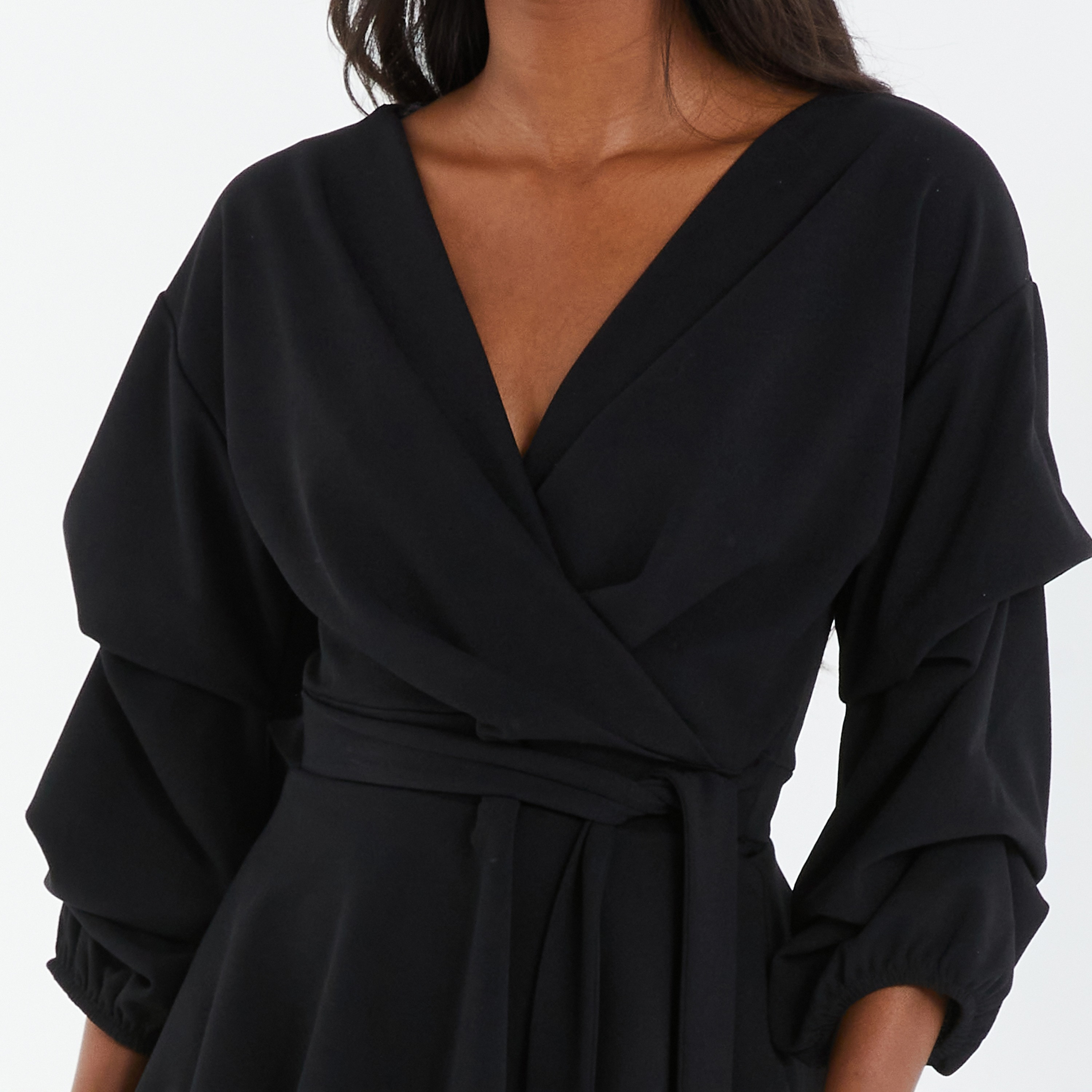 Quiz Plain V-Neck Ruched Sleeve Peplum Top with Front Tie-Up Detail-women-clothing-shirtsandblouses-blouses-image-3