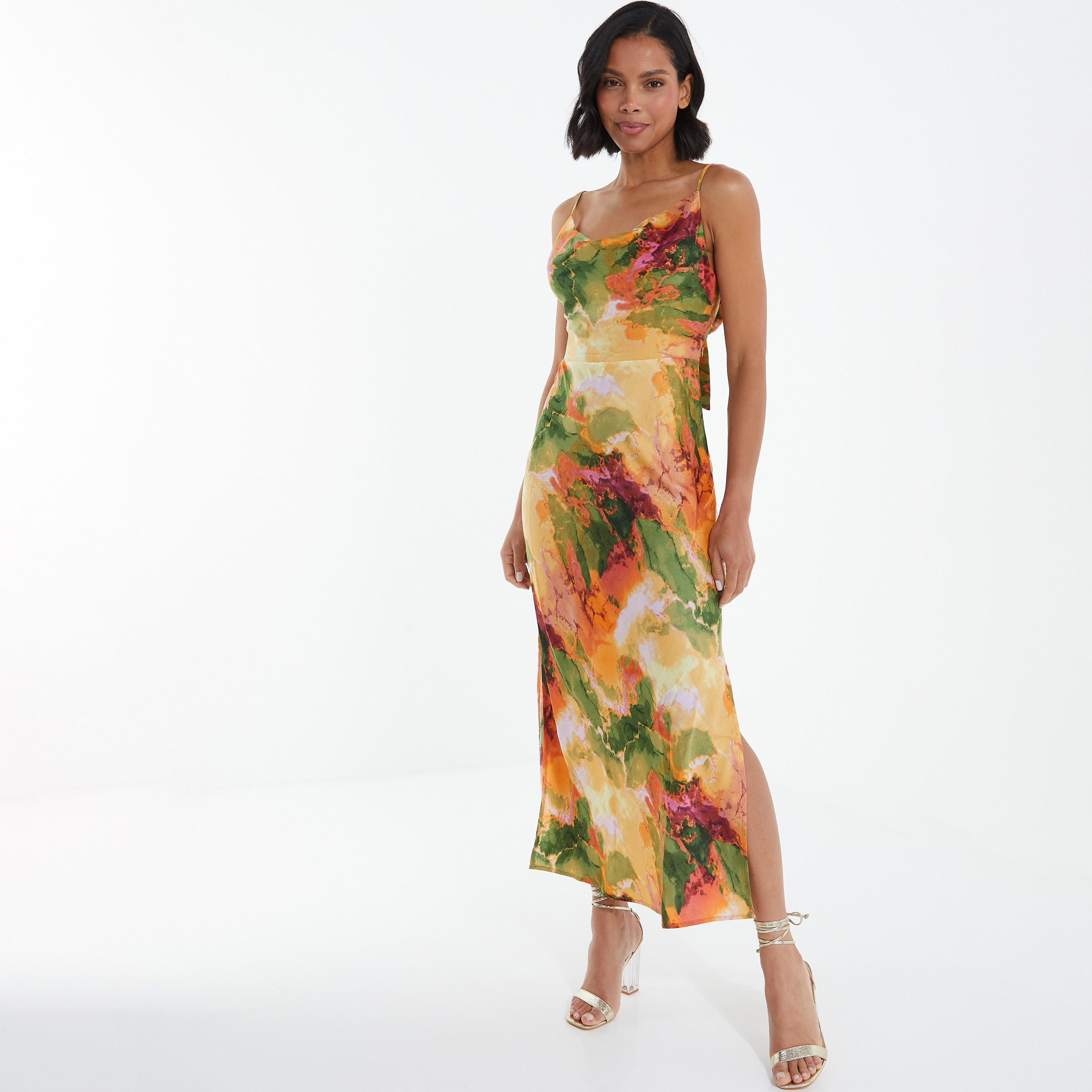 Quiz Tie & Dye Cowl Neck Slit Midi Dress with Back Tie-Up Closure-women-clothing-dresses-image-2