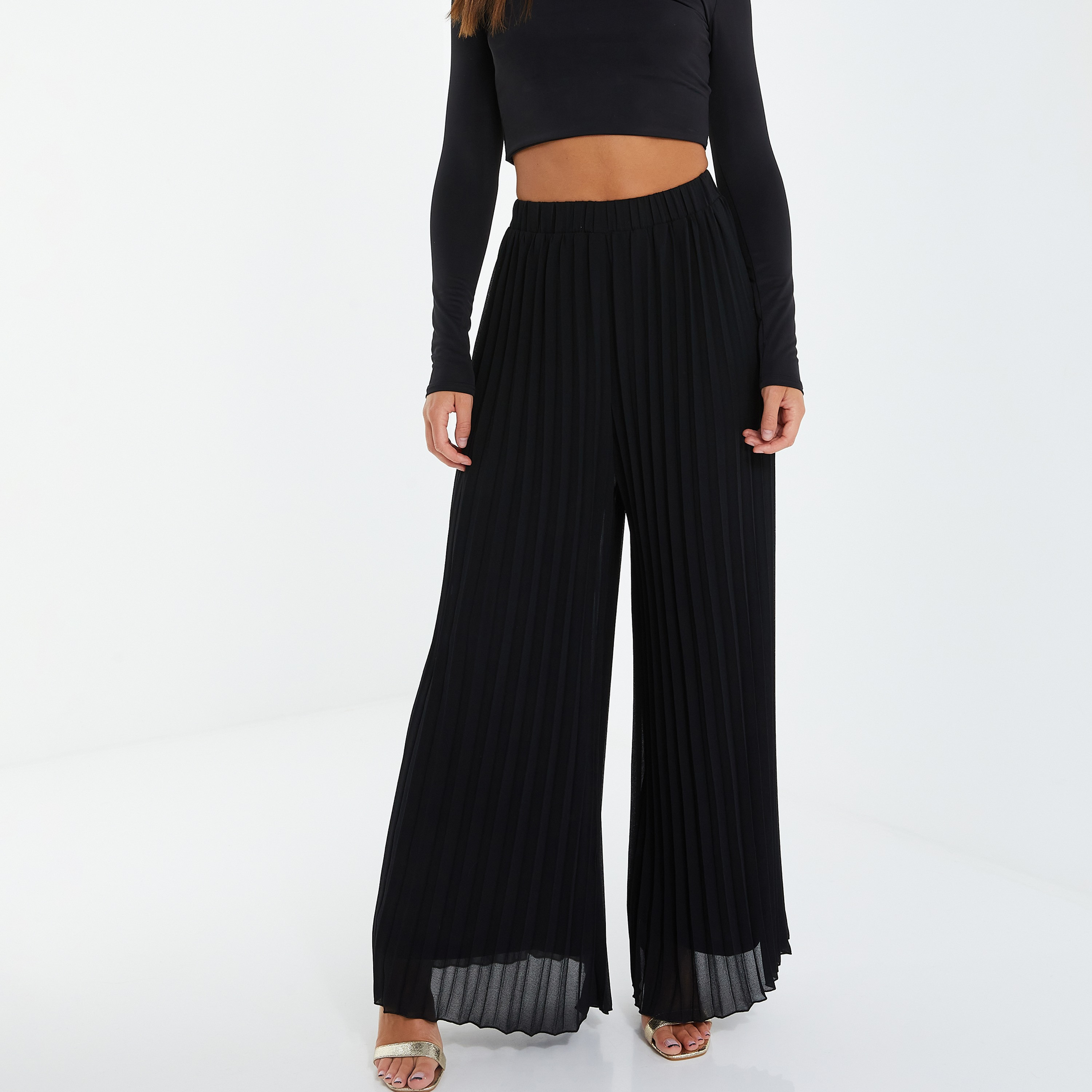 سروال بالازو بخصر مرتفع مطوي وواسع الساق من كويز-women-clothing-bottoms-trousers-image-1