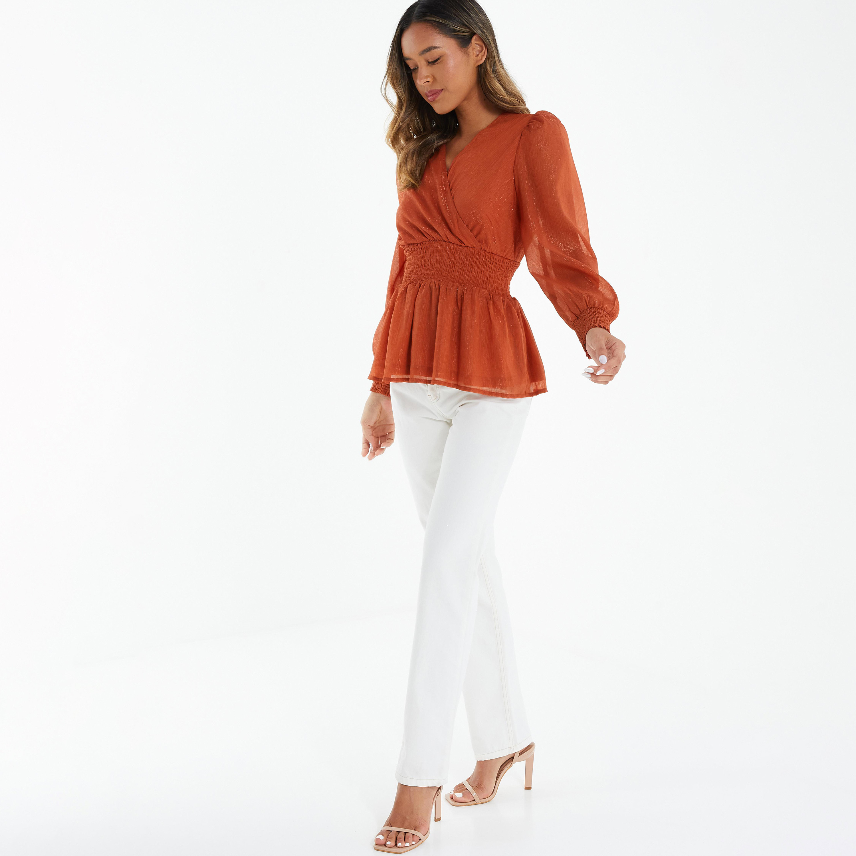 Quiz Metallic V-Neck Long Sleeves Peplum Top with Smoked Detail-women-clothing-shirtsandblouses-blouses-image-2