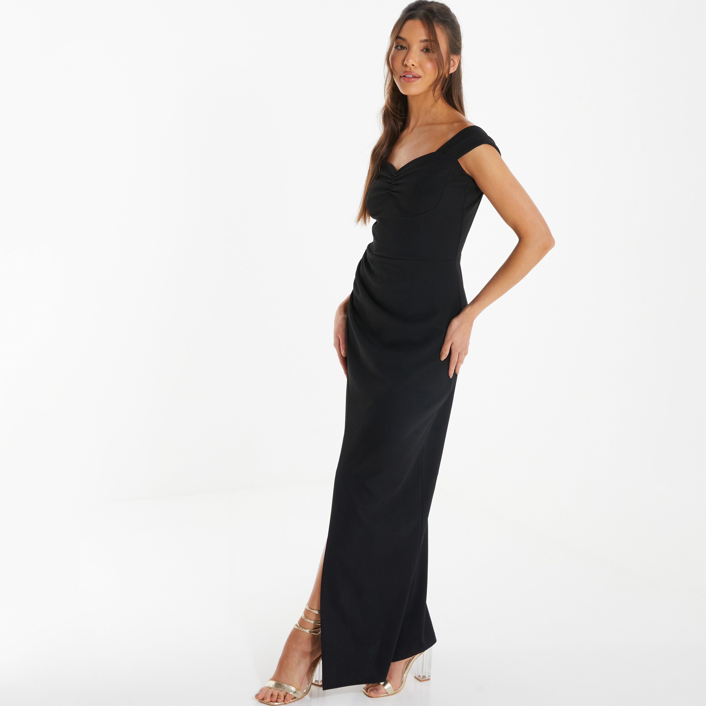 فستان ماكسي مزين بكشكشة بتصميم باديكان وياقة باردوت مع فتحة جانبية تفاصيل من كويز-women-clothing-dresses-image-2