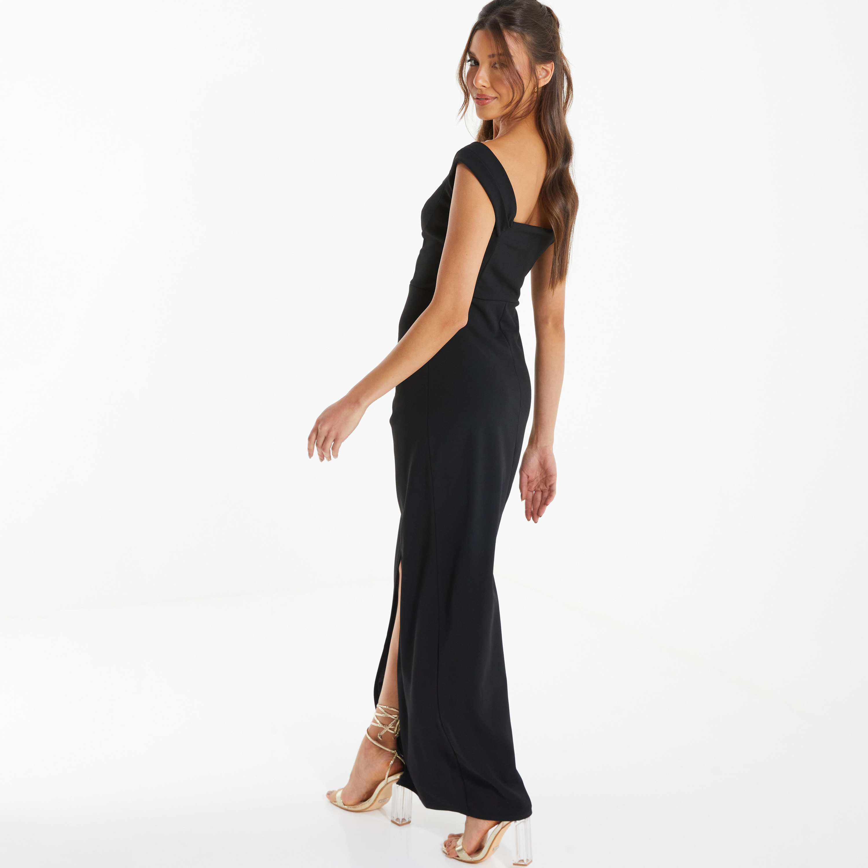 فستان ماكسي مزين بكشكشة بتصميم باديكان وياقة باردوت مع فتحة جانبية تفاصيل من كويز-women-clothing-dresses-image-3