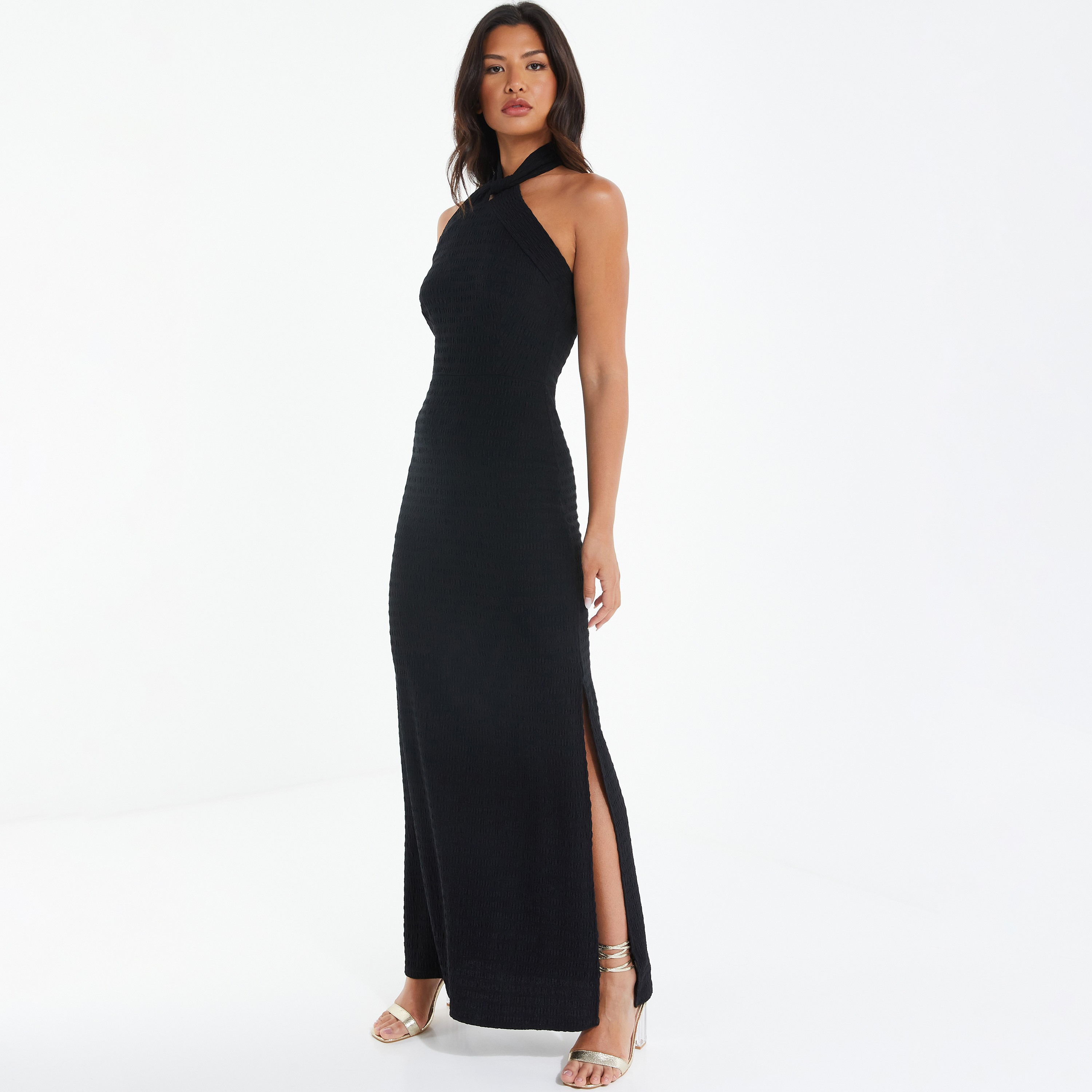 Quiz Textured Halter Neck Bodycon Maxi Dress with Slit Detail-women-clothing-dresses-image-2