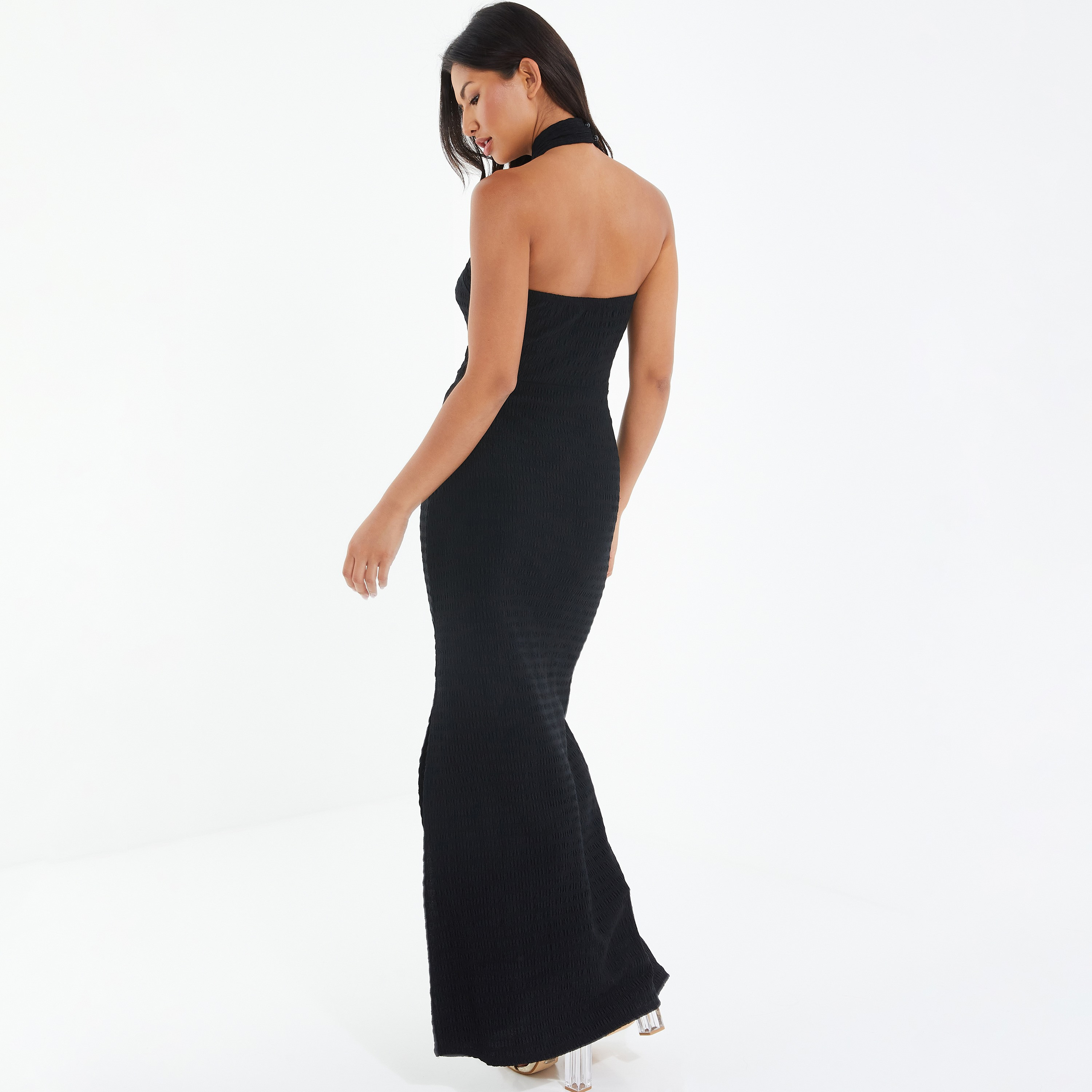 Quiz Textured Halter Neck Bodycon Maxi Dress with Slit Detail-women-clothing-dresses-image-4