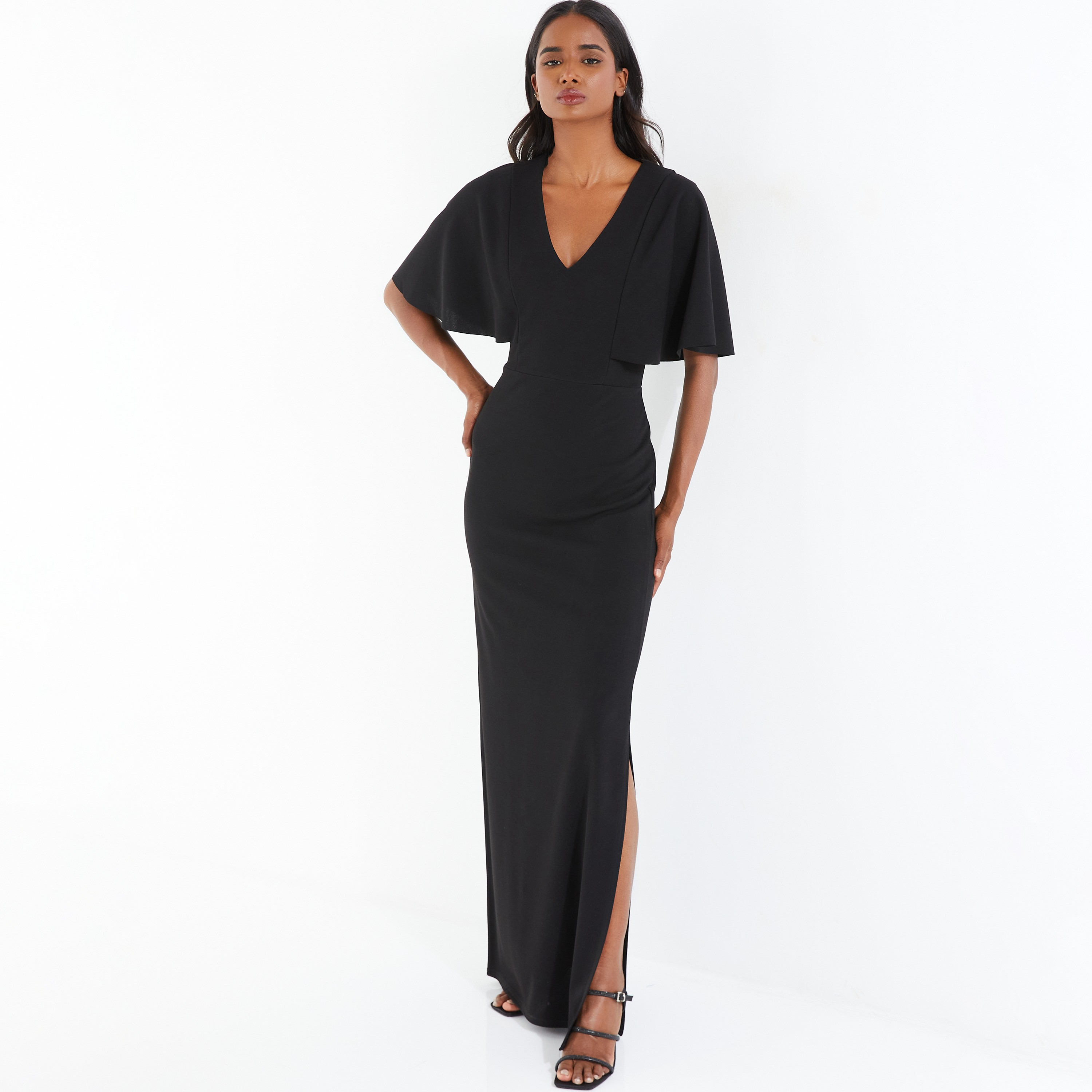 فستان ماكسي سادة بتصميم باديكان ورقبة على شكل حرف V مع فتحة جانبية تفاصيل من كويز-women-clothing-dresses-image-1