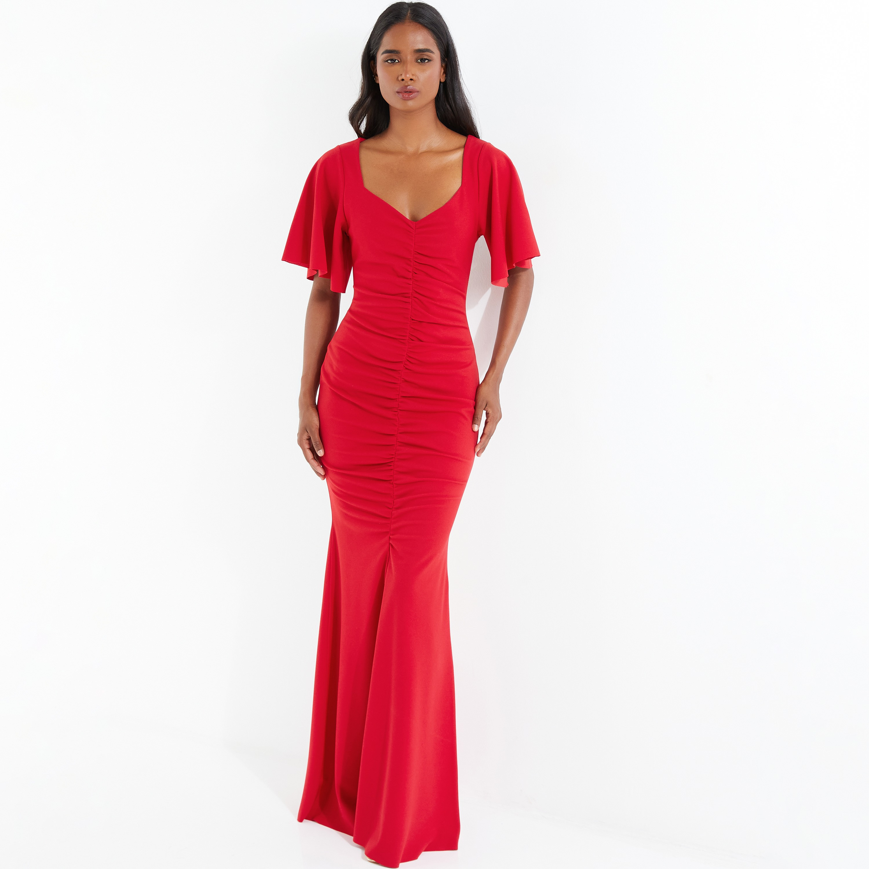 فستان طويل ماكسي على شكل قلب مزين بكشكشة من كويز-women-clothing-dresses-image-1
