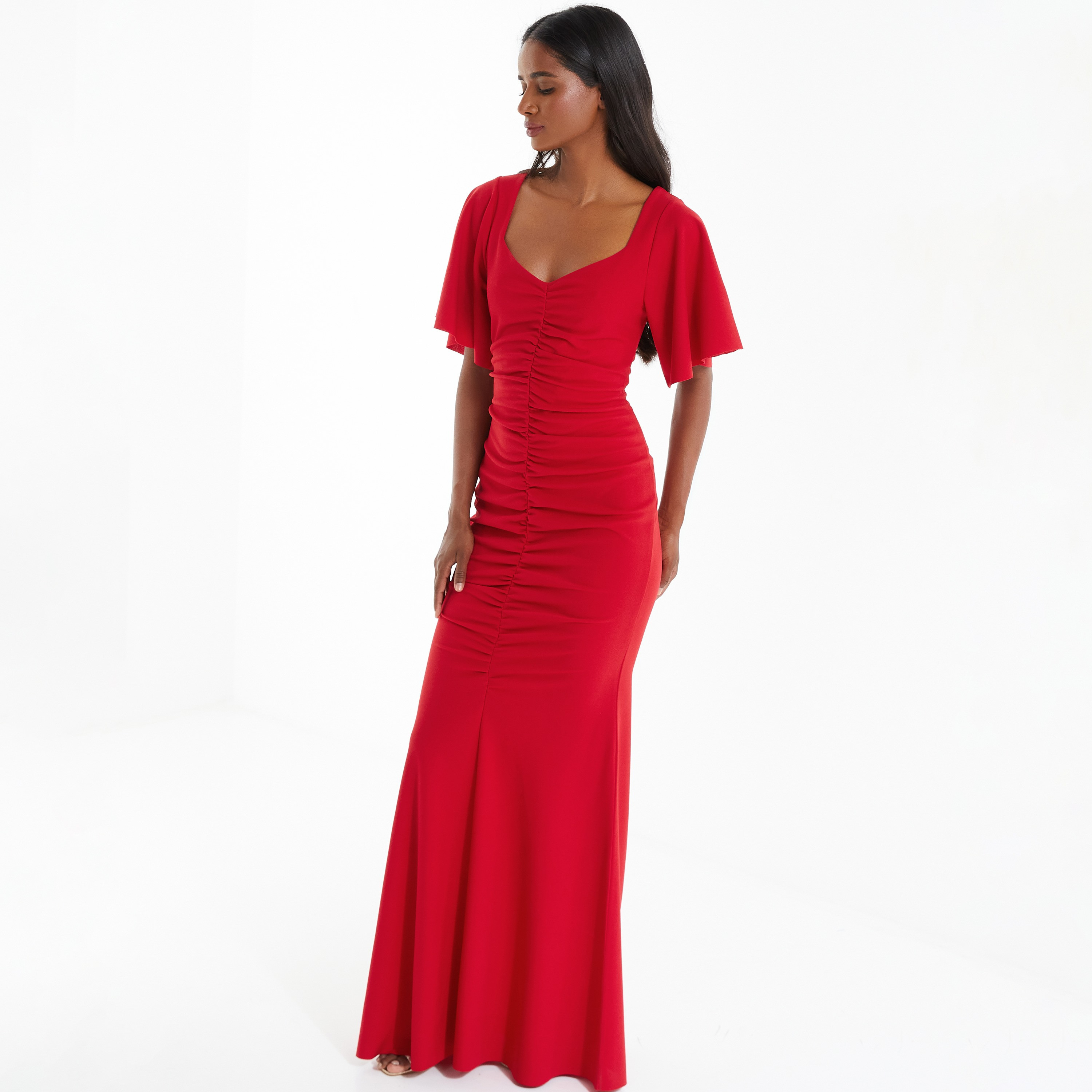 فستان طويل ماكسي على شكل قلب مزين بكشكشة من كويز-women-clothing-dresses-image-2