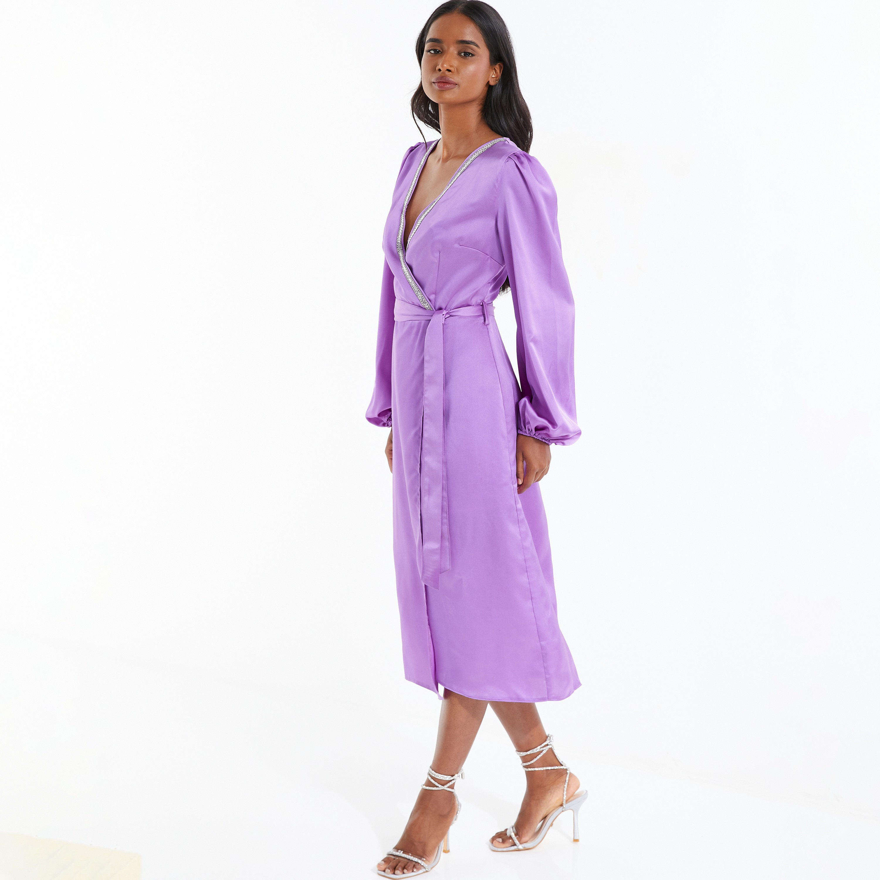 Quiz Satin Plain V-Neck Wrap Midi Dress with Embellished Detail-women-clothing-dresses-image-2