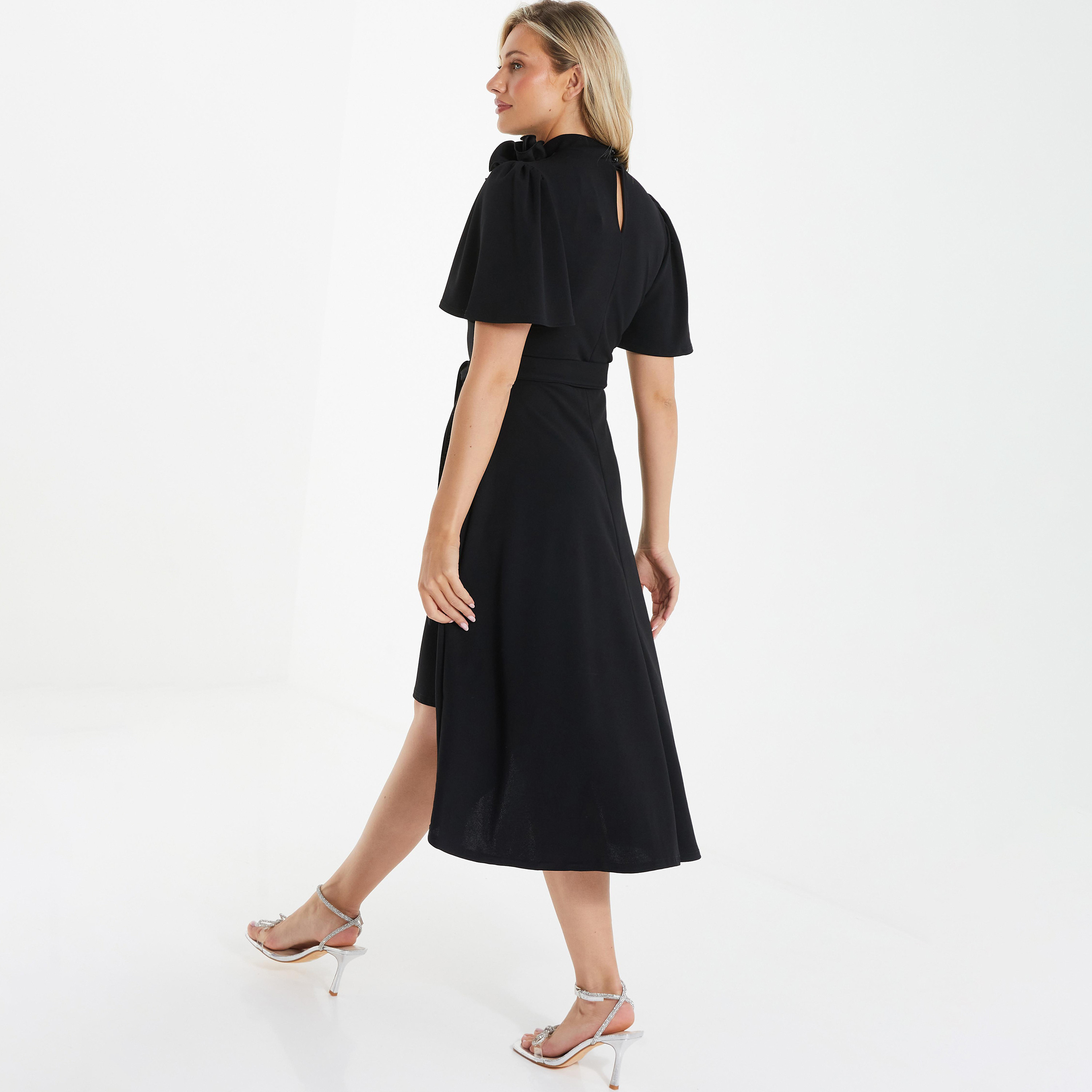 فستان متوسط الطول برقبة عالية بتصميم مطبوعة عليها زهور مع حزام ربطة من كويز-women-clothing-dresses-image-4
