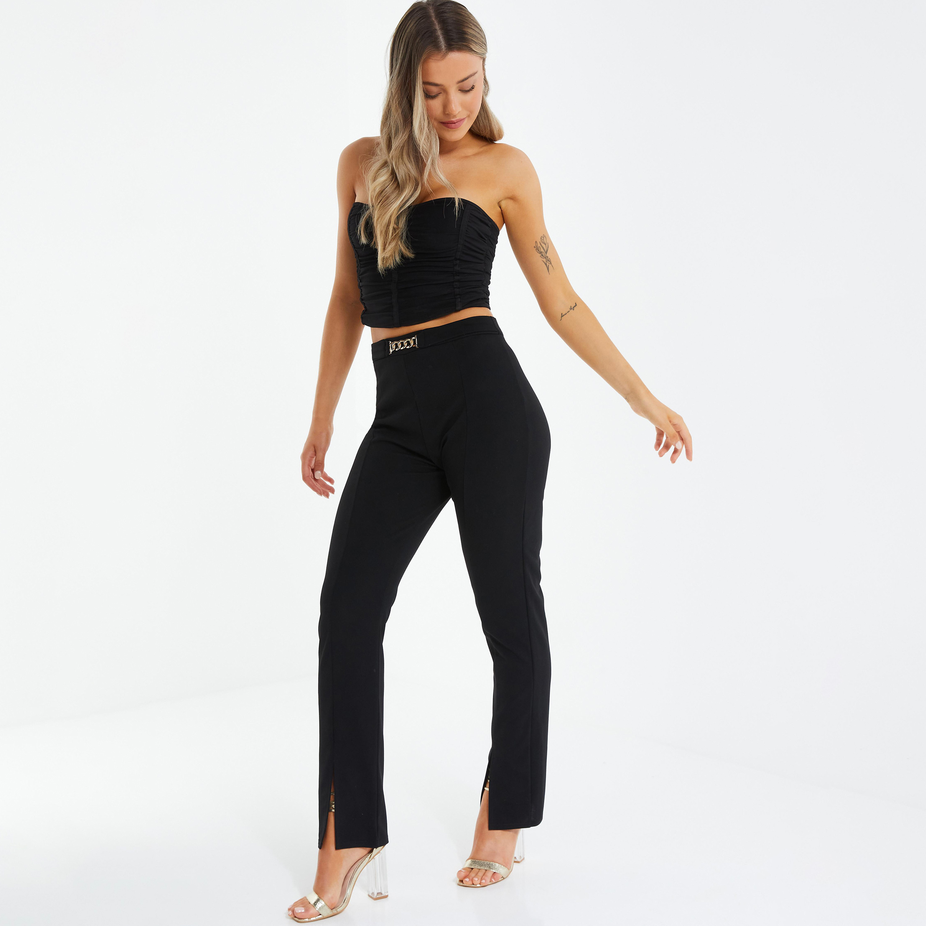 بنطلون سادة بفتحة حاشية عالية الارتفاع مع تفاصيل إبزيم من كويز-women-clothing-bottoms-trousers-image-2