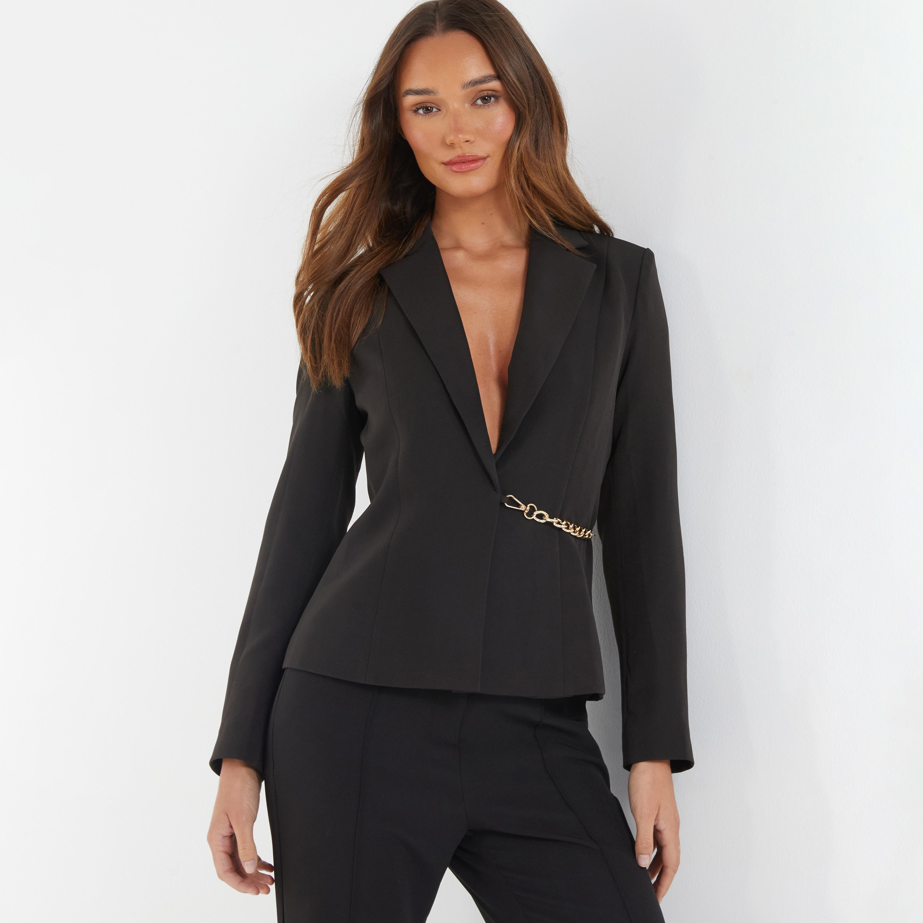 Quiz Plain Notched Lapel Long Sleeves Blazer with Chain Detail-women-clothing-coatsandjackets-blazers-image-1