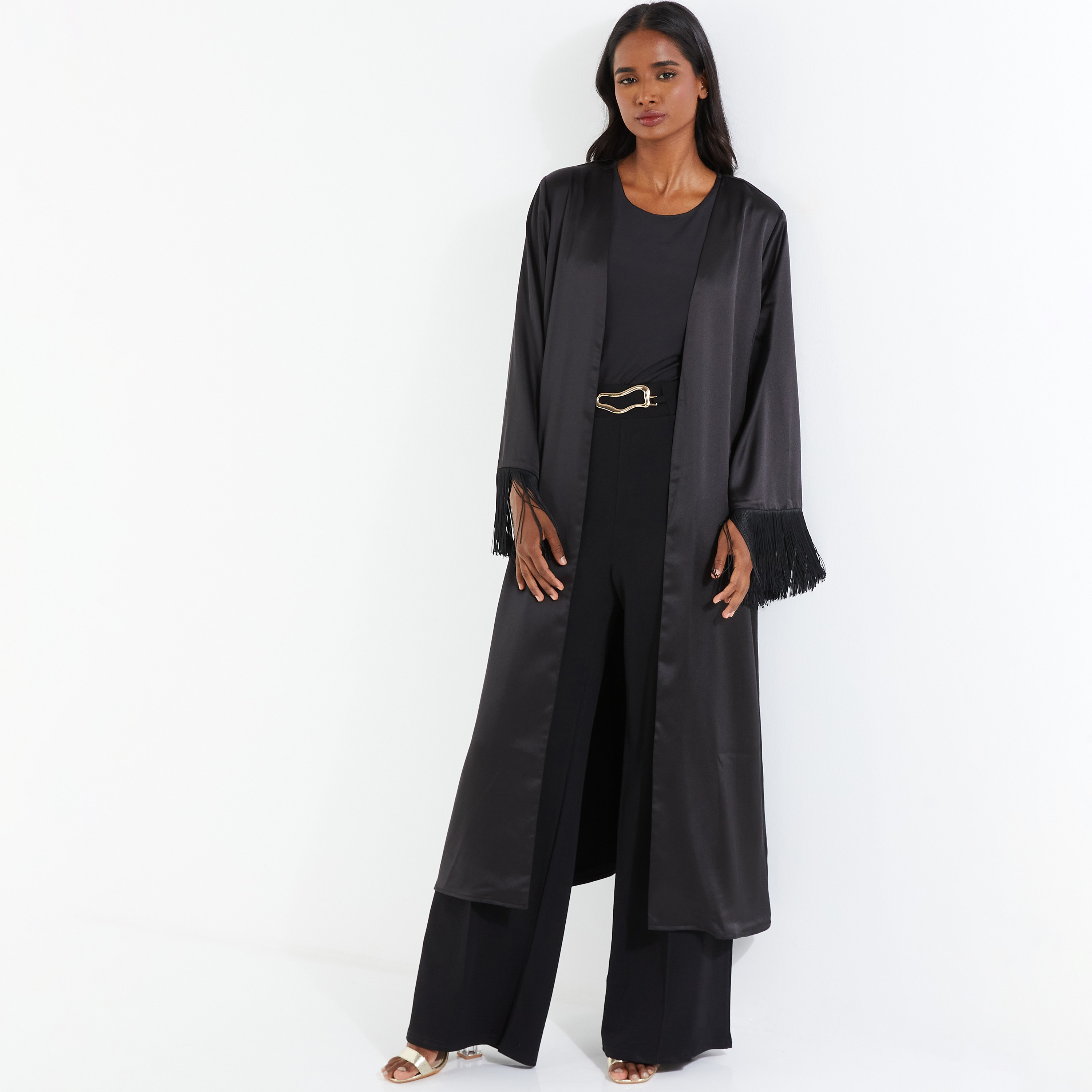 Quiz Satin Plain Front Open Long Sleeves Fringe Hem Kaftan-women-clothing-shirtsandblouses-blouses-image-1