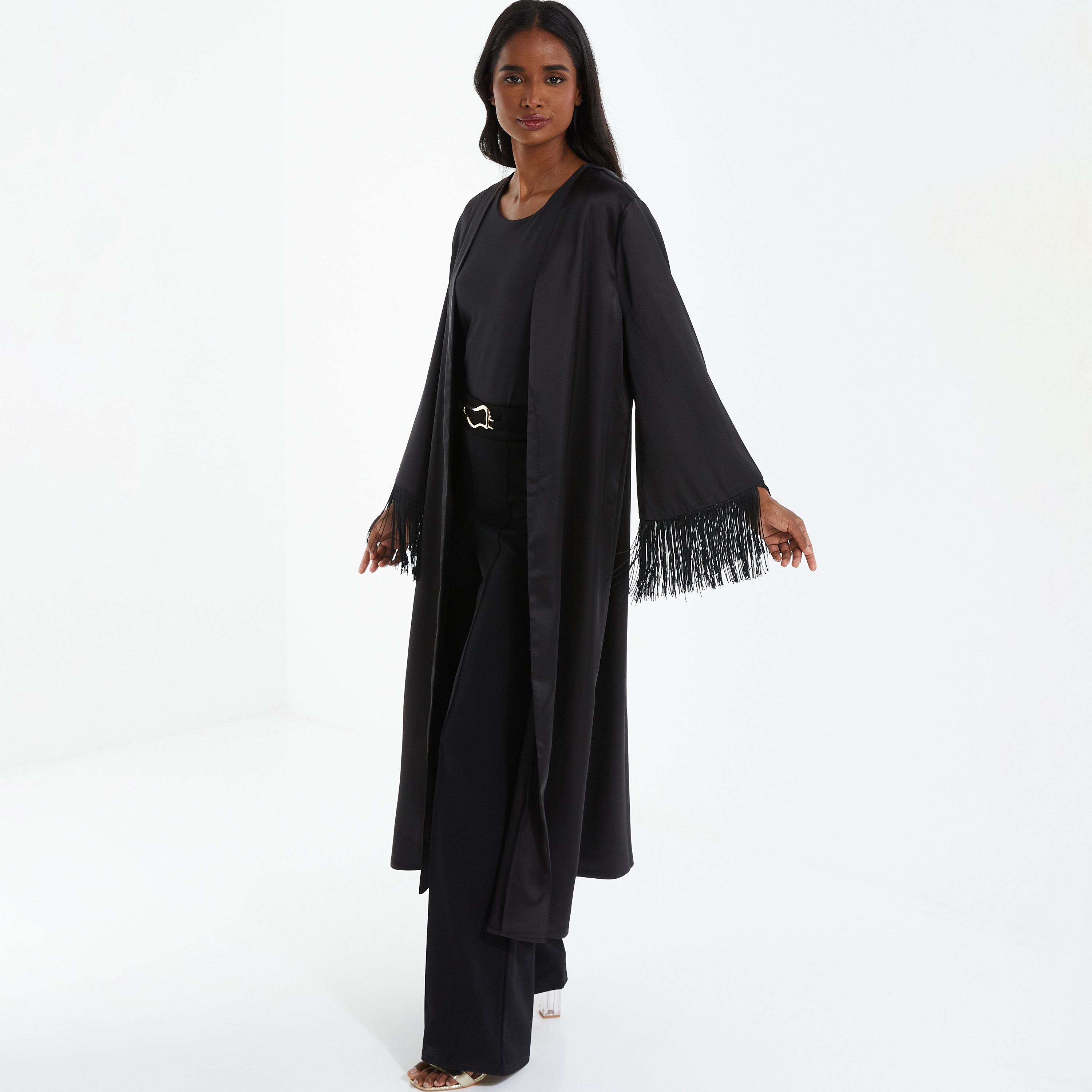 Quiz Satin Plain Front Open Long Sleeves Fringe Hem Kaftan-women-clothing-shirtsandblouses-blouses-image-2