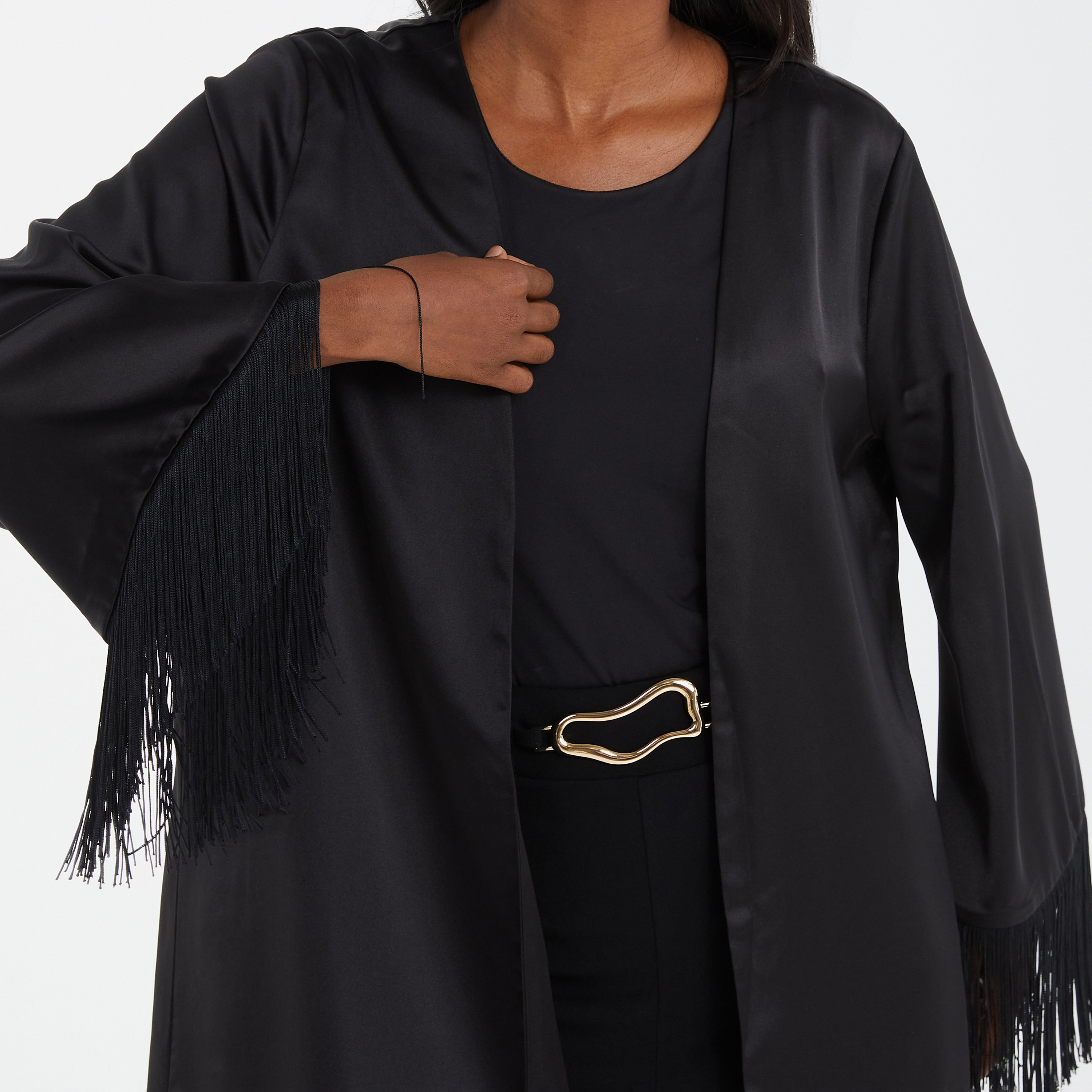 Quiz Satin Plain Front Open Long Sleeves Fringe Hem Kaftan-women-clothing-shirtsandblouses-blouses-image-3
