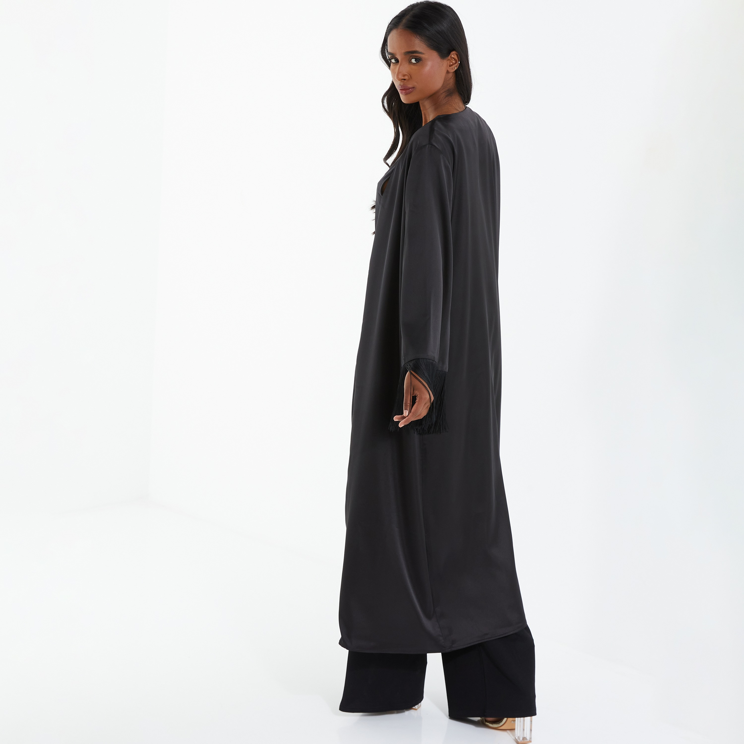 Quiz Satin Plain Front Open Long Sleeves Fringe Hem Kaftan-women-clothing-shirtsandblouses-blouses-image-4
