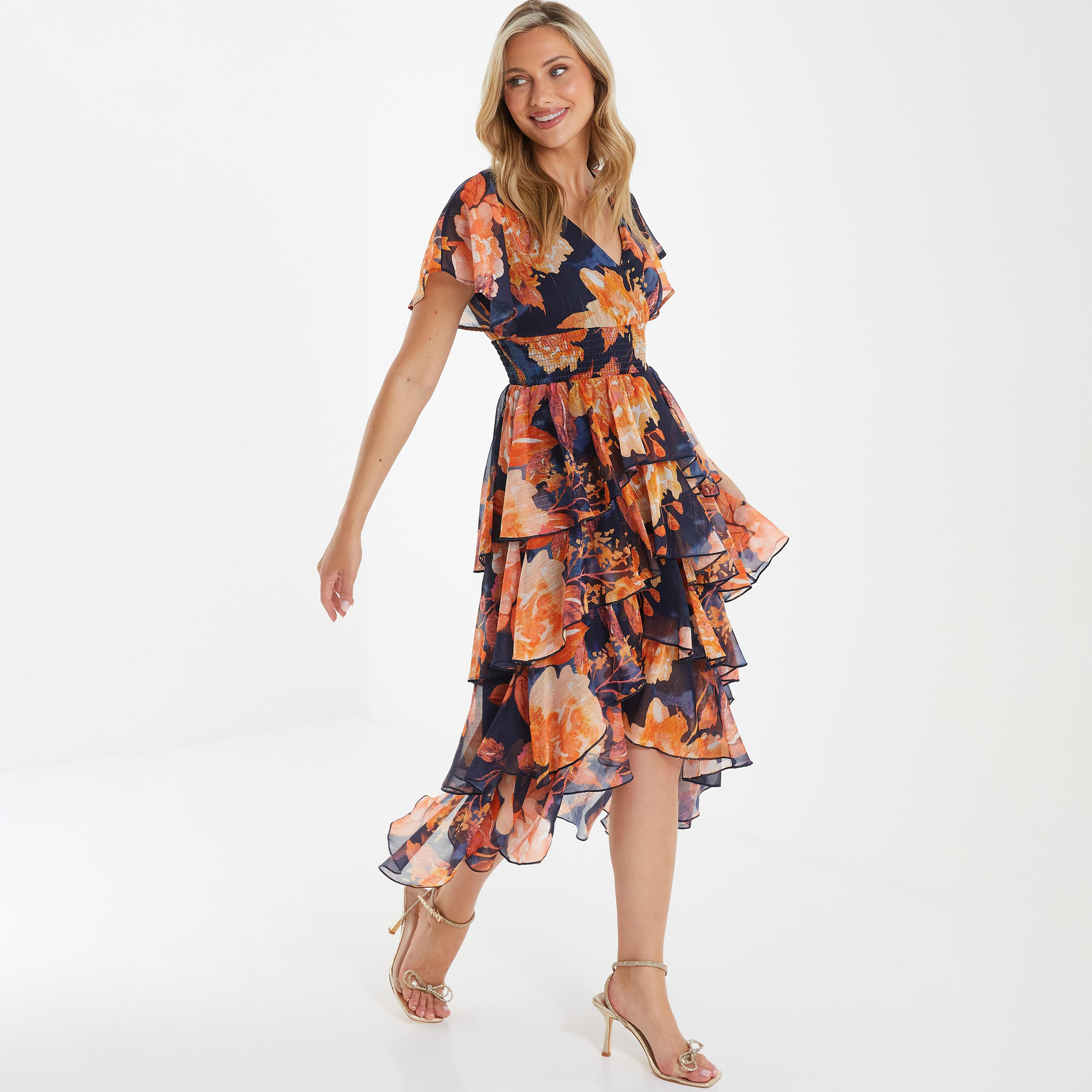 فستان متوسط الطول ملفوف مزين بزهور برقبة على شكل حرف V من كويز-women-clothing-dresses-image-1