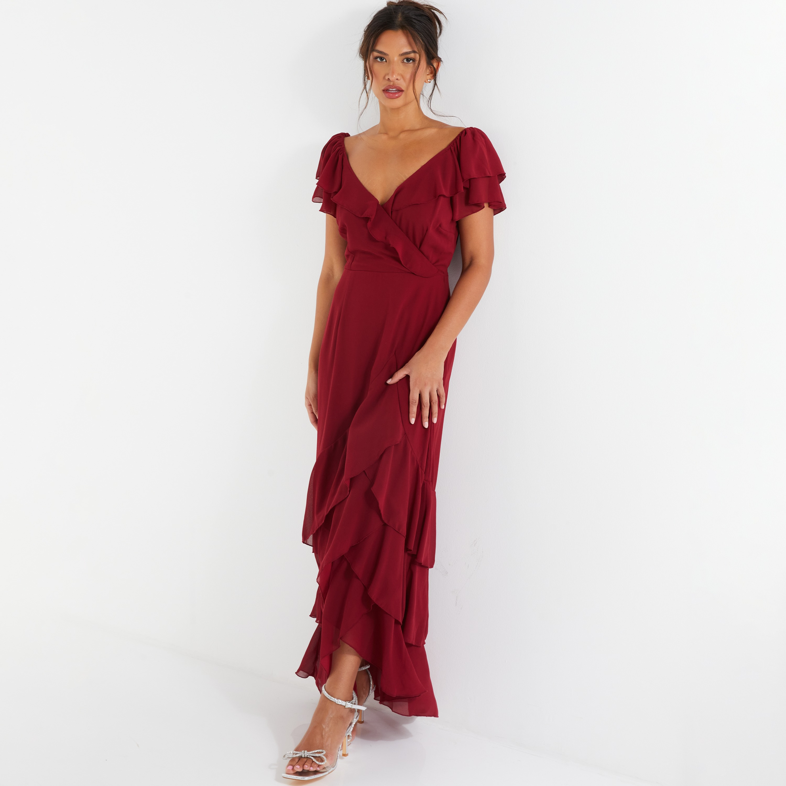 Quiz Frill V-Neck Frill Detail Tiered Maxi Dress-women-clothing-dresses-image-1