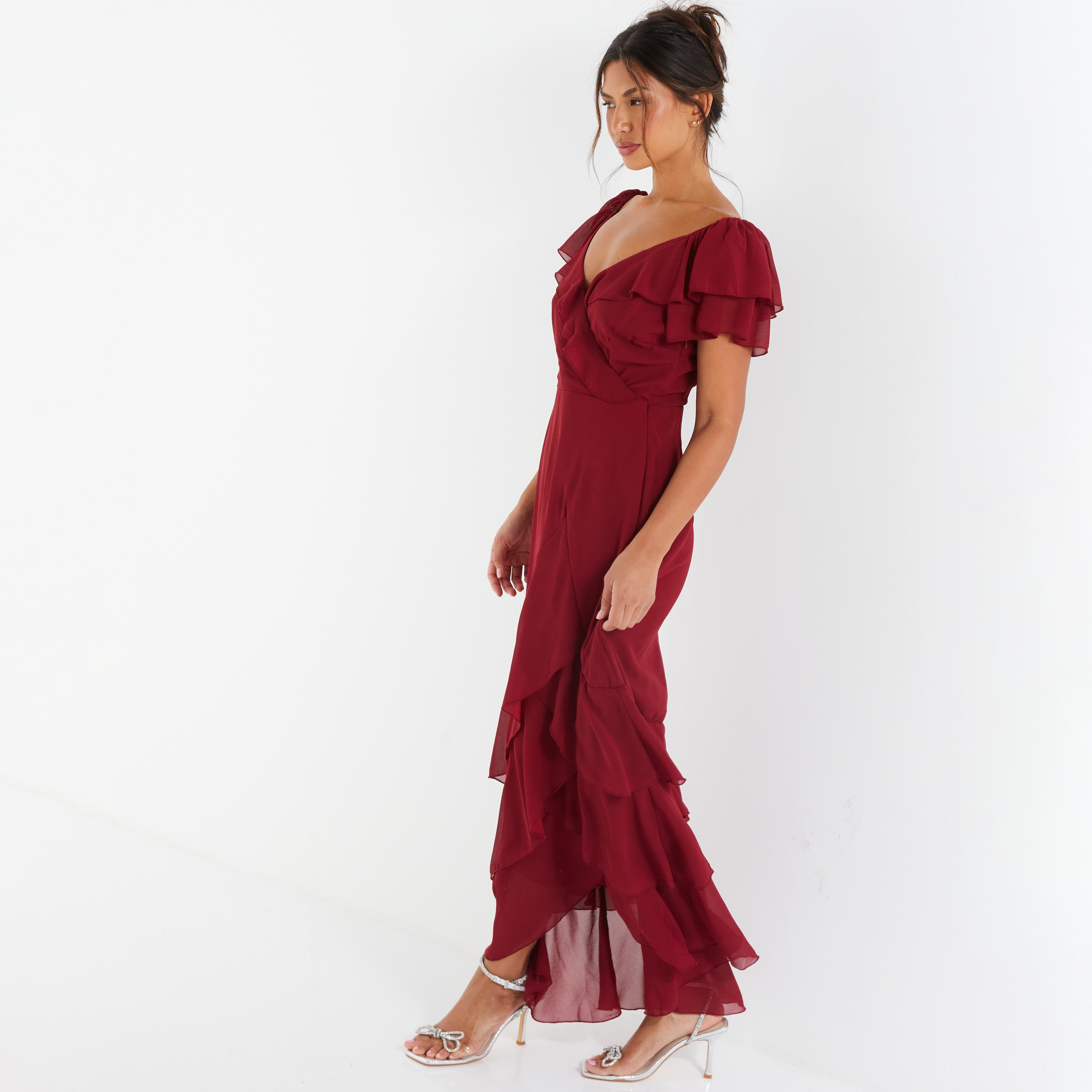 Quiz Frill V-Neck Frill Detail Tiered Maxi Dress-women-clothing-dresses-image-2