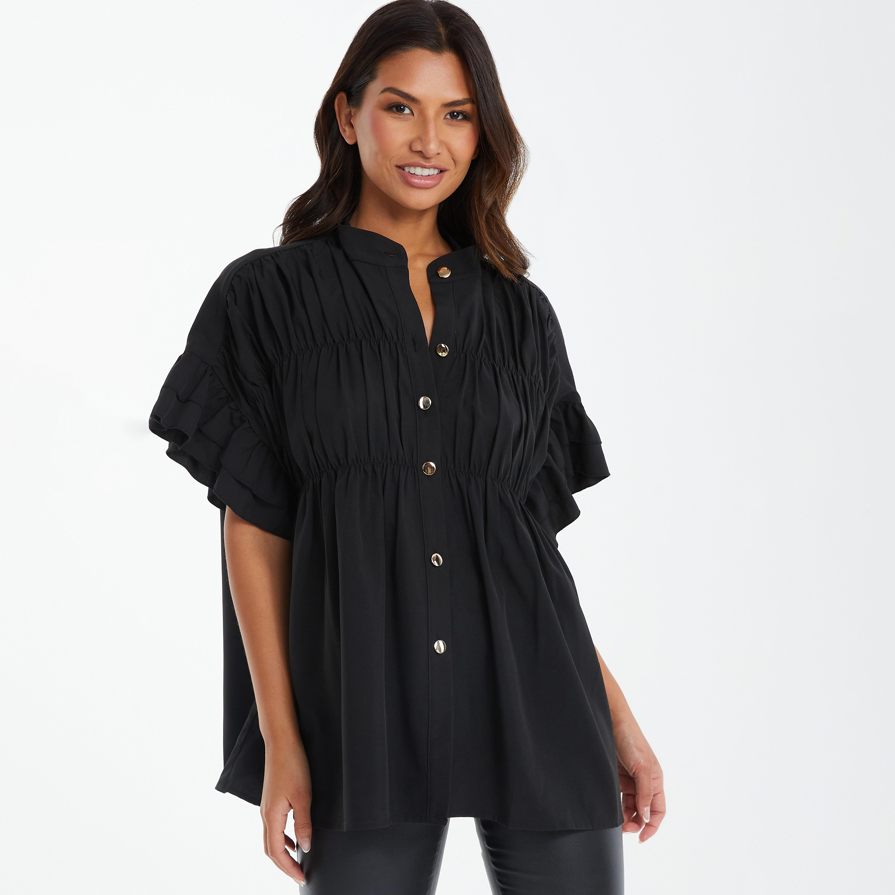 بلوزة بأكمام ماندارين مكشكشة مزين بكشكشة من كويز-women-clothing-shirtsandblouses-blouses-image-1