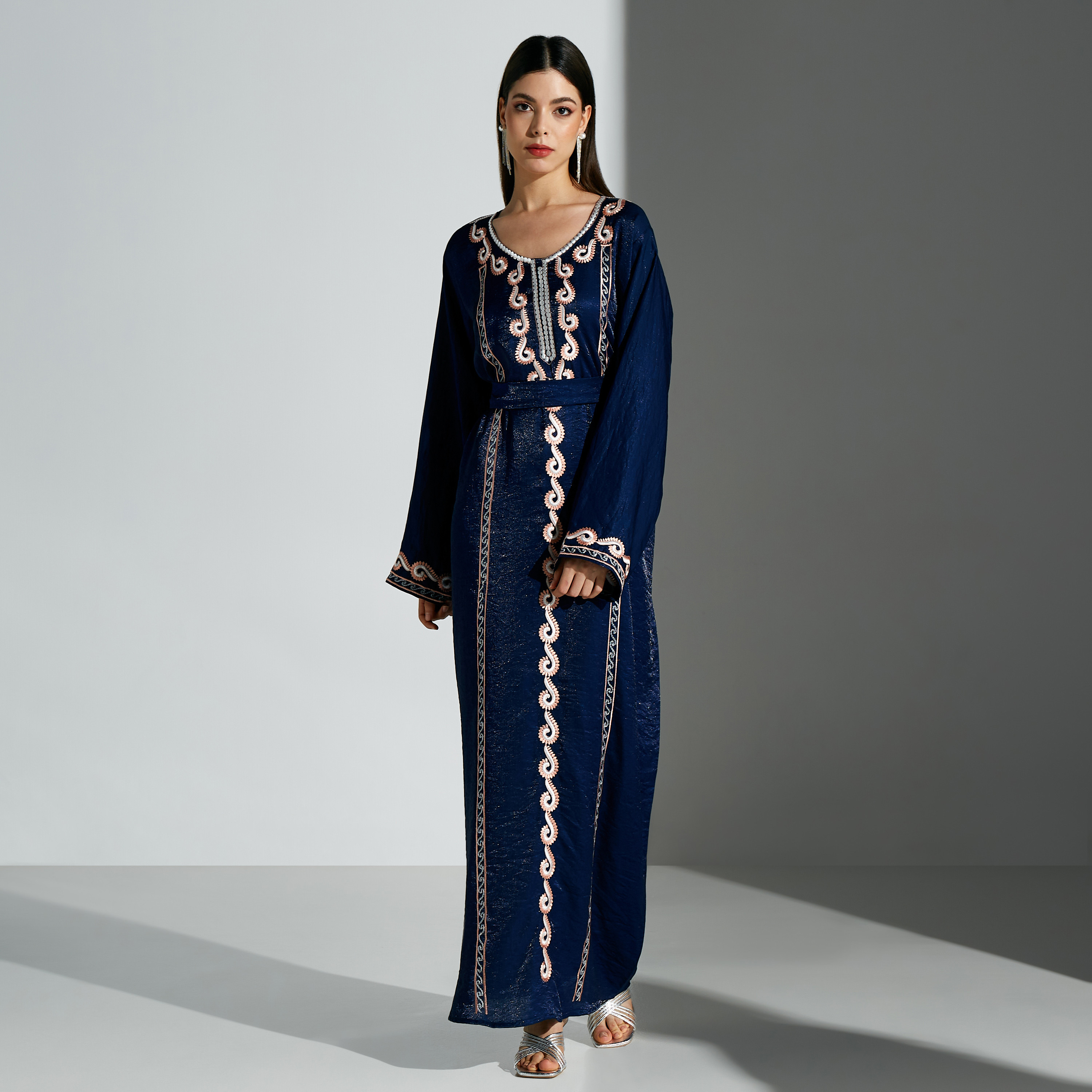 Malikah Embroidered Jalabiya with Tie-Up Belt-women-arabicclothing-jalabiyas-image-1