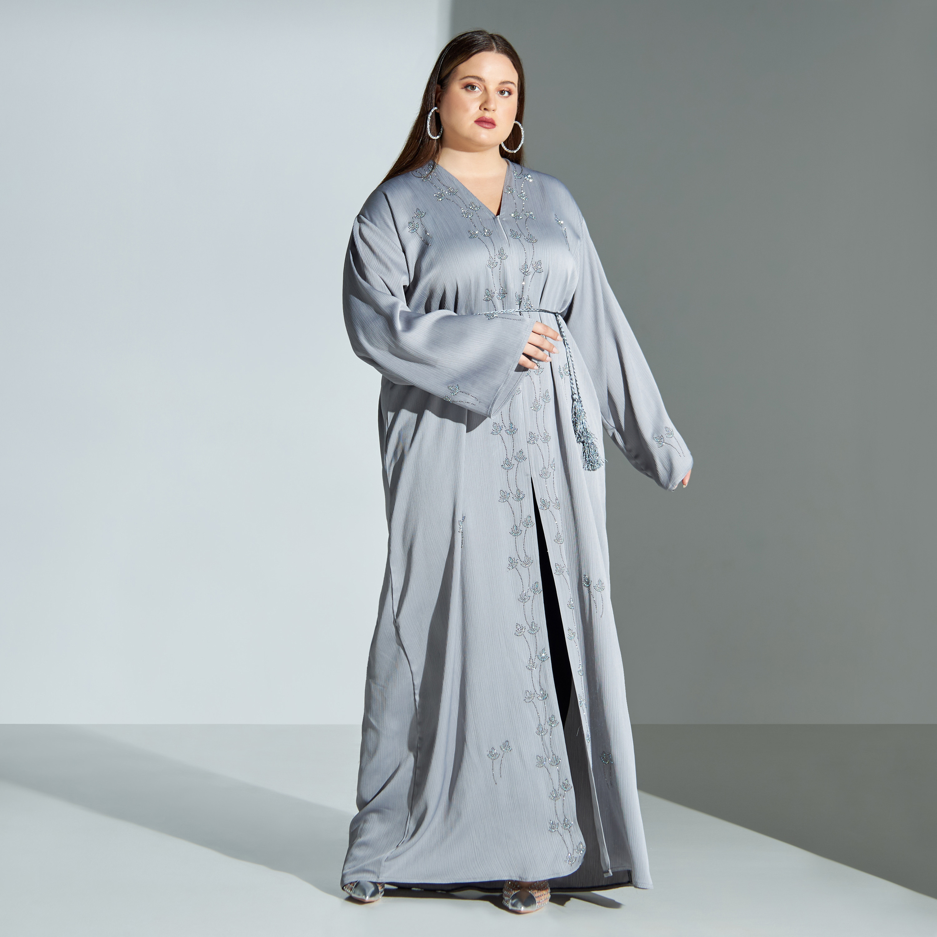 Malikah Plus Size Studded Abaya with Hijab and Tie-Up Belt-women-arabicclothing-abayas-image-1