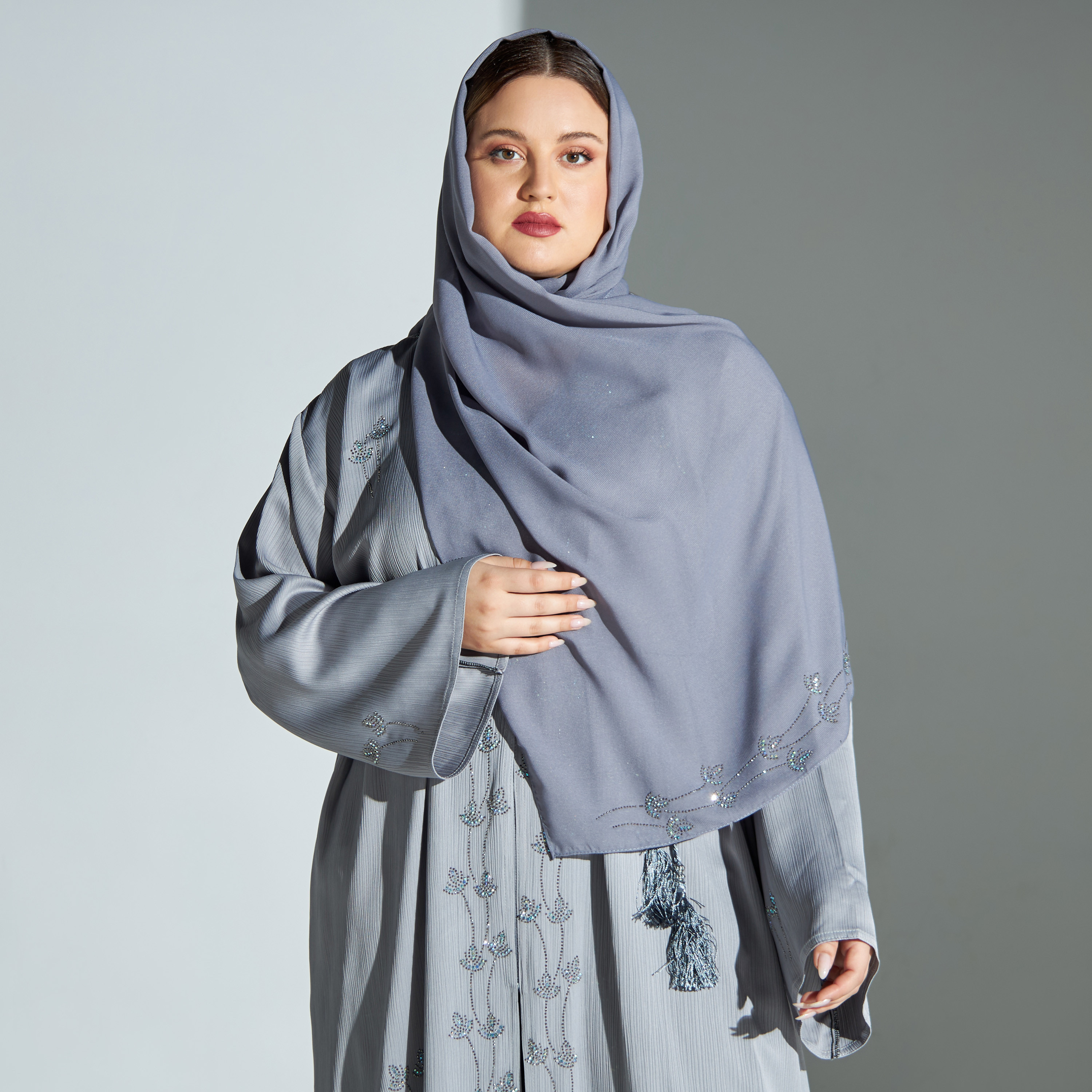 Malikah Plus Size Studded Abaya with Hijab and Tie-Up Belt-women-arabicclothing-abayas-image-2