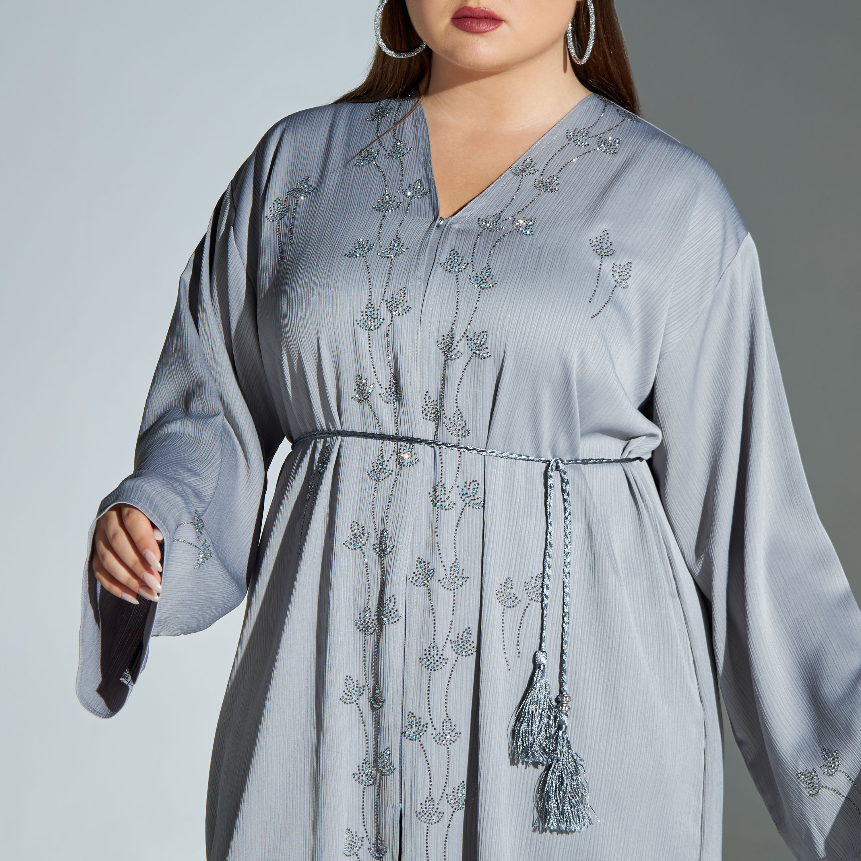 Malikah Plus Size Studded Abaya with Hijab and Tie-Up Belt-women-arabicclothing-abayas-image-3