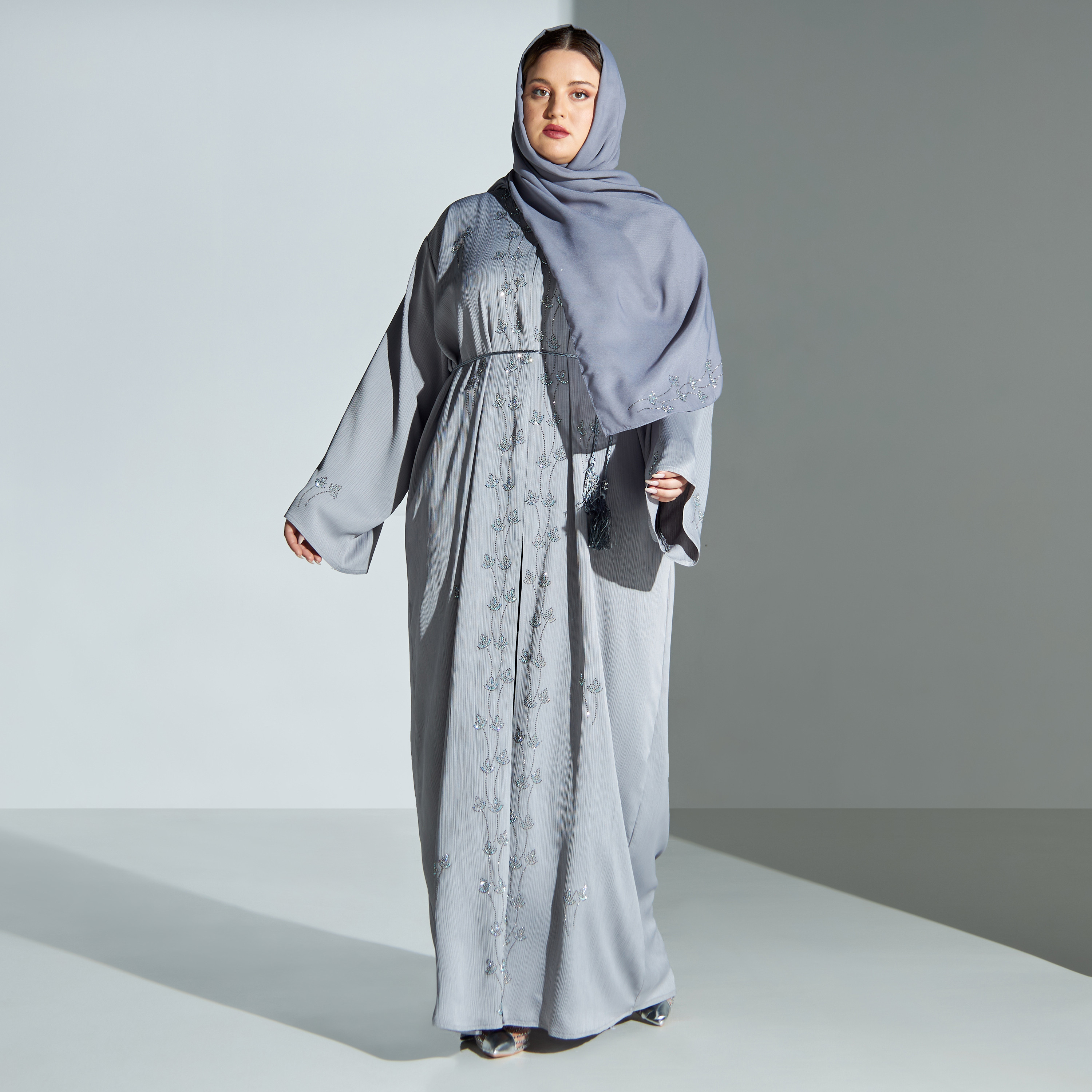 Malikah Plus Size Studded Abaya with Hijab and Tie-Up Belt-women-arabicclothing-abayas-image-4