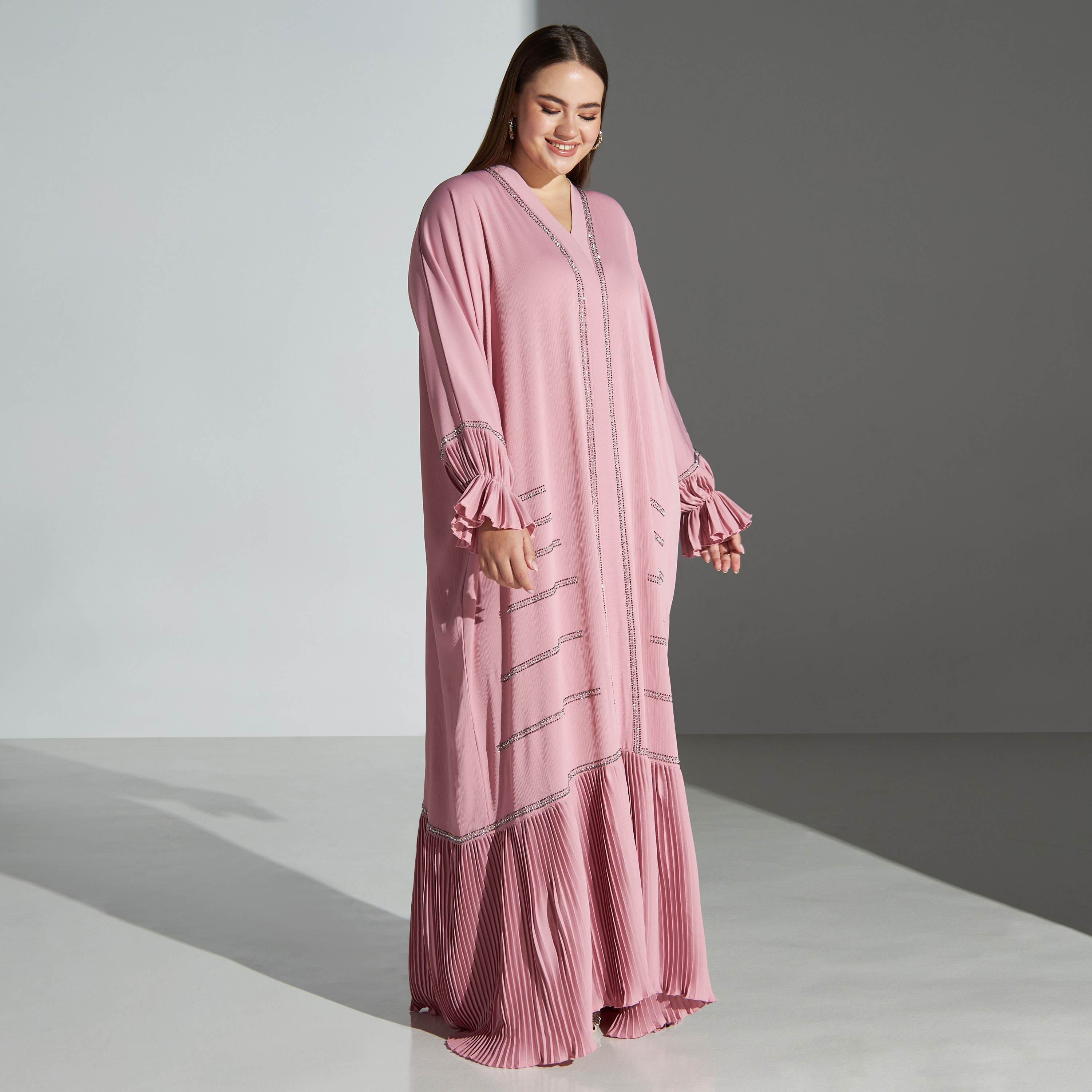 Malikah Plus Size Embellished Abaya with Pleat Detail and Hijab-women-arabicclothing-abayas-image-1