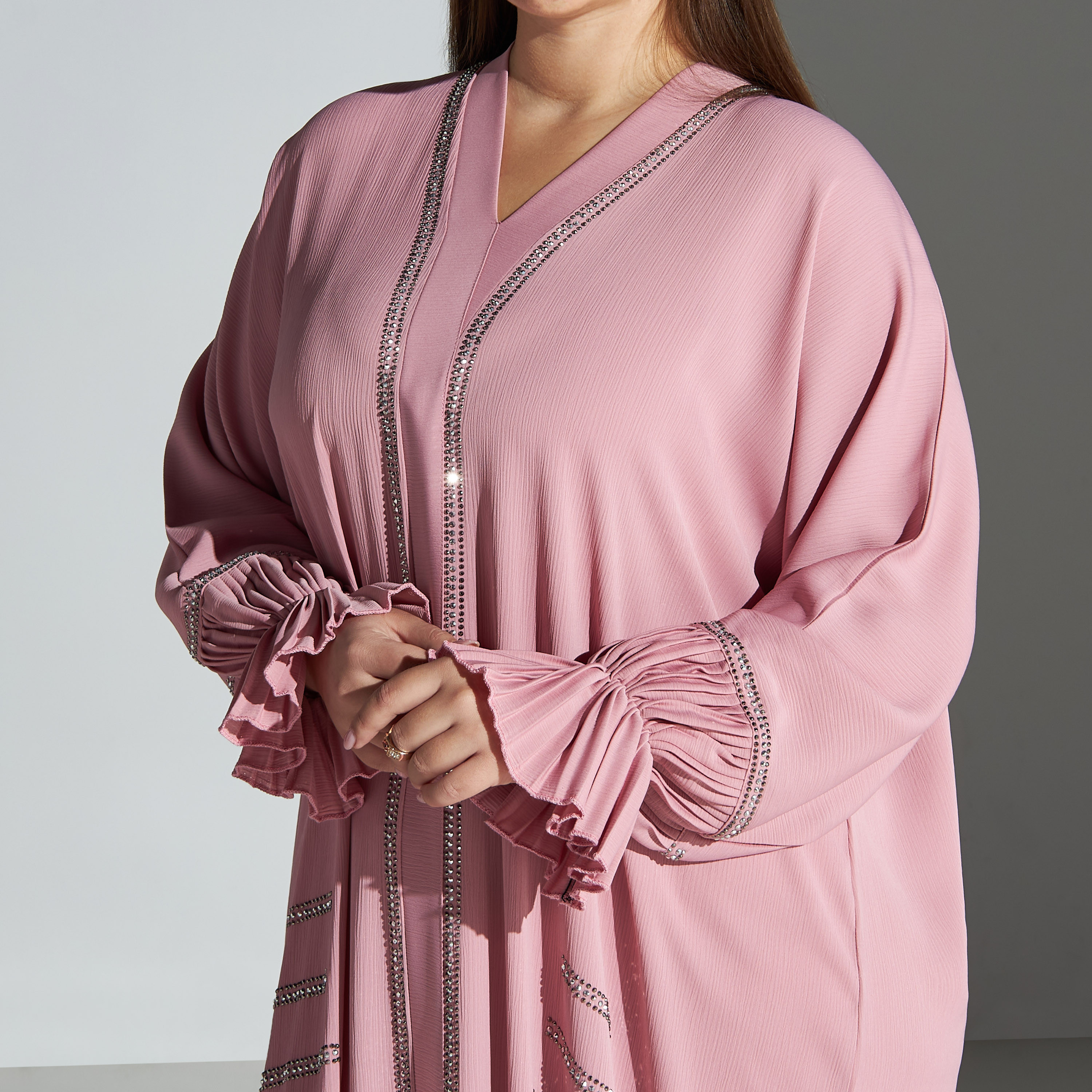 Malikah Plus Size Embellished Abaya with Pleat Detail and Hijab-women-arabicclothing-abayas-image-3