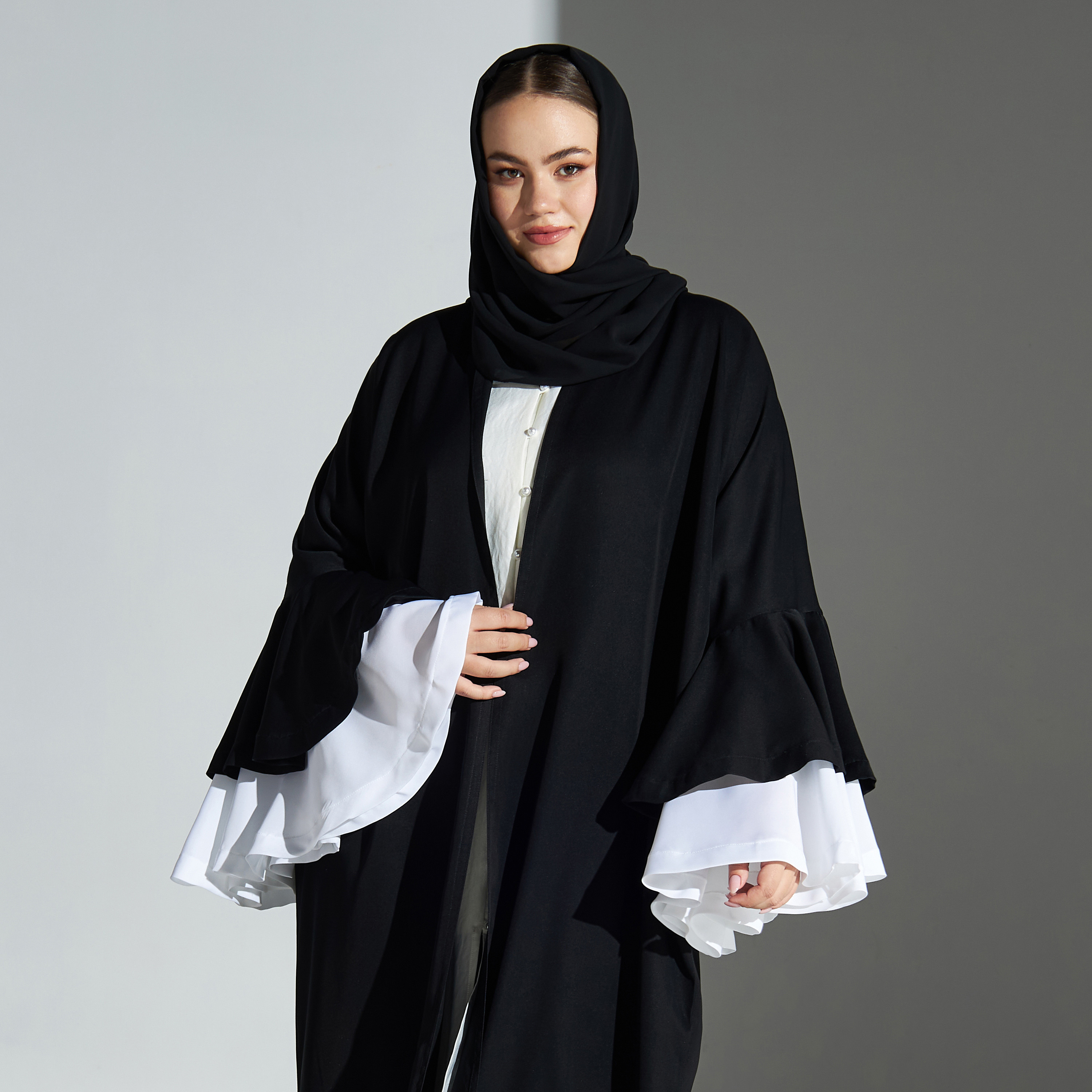 Malikah Plus Size Bell Sleeve Open Front Abaya with Hijab-women-arabicclothing-abayas-image-2