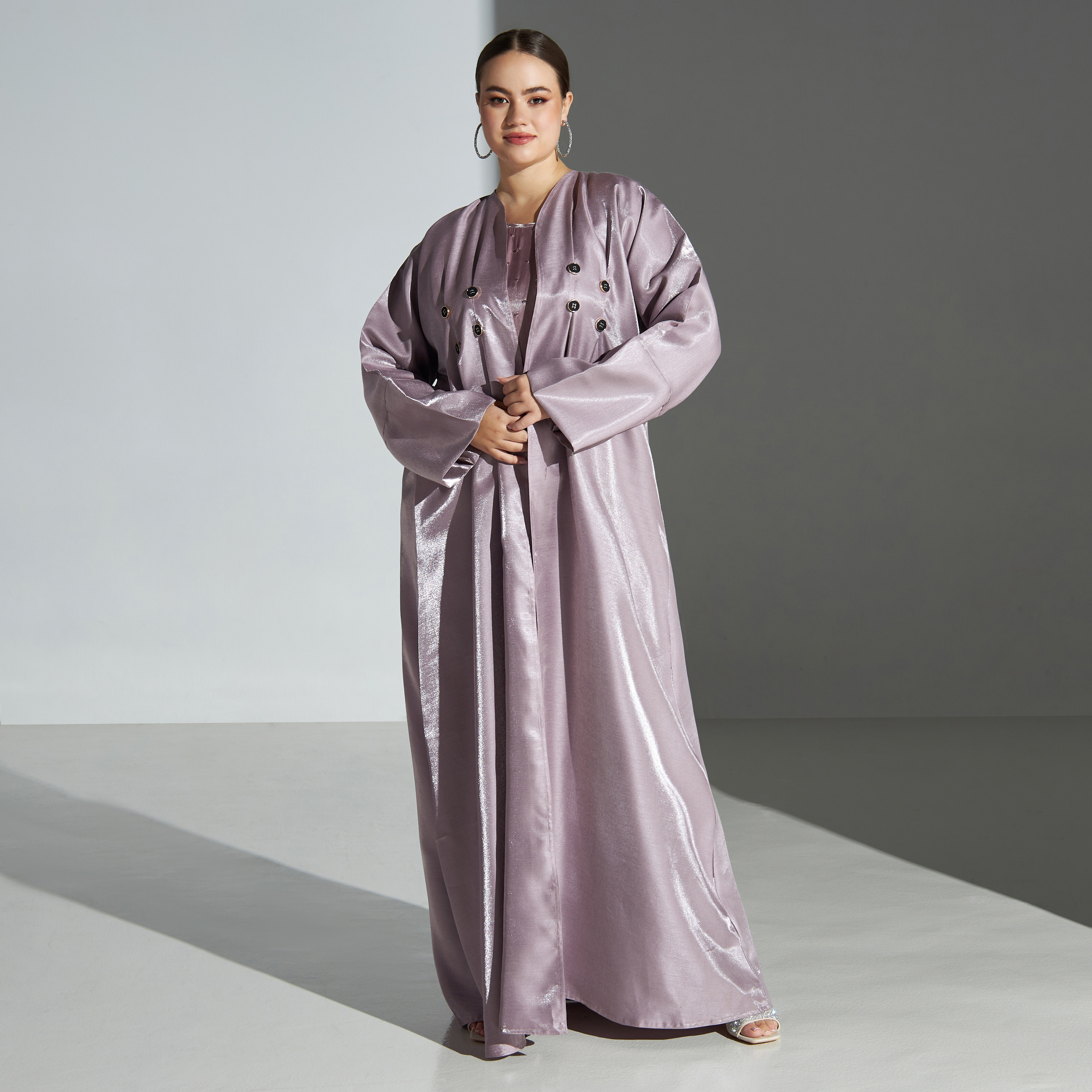 Malikah Plus Size Button Accent Open Front Abaya with Hijab-women-arabicclothing-abayas-image-1