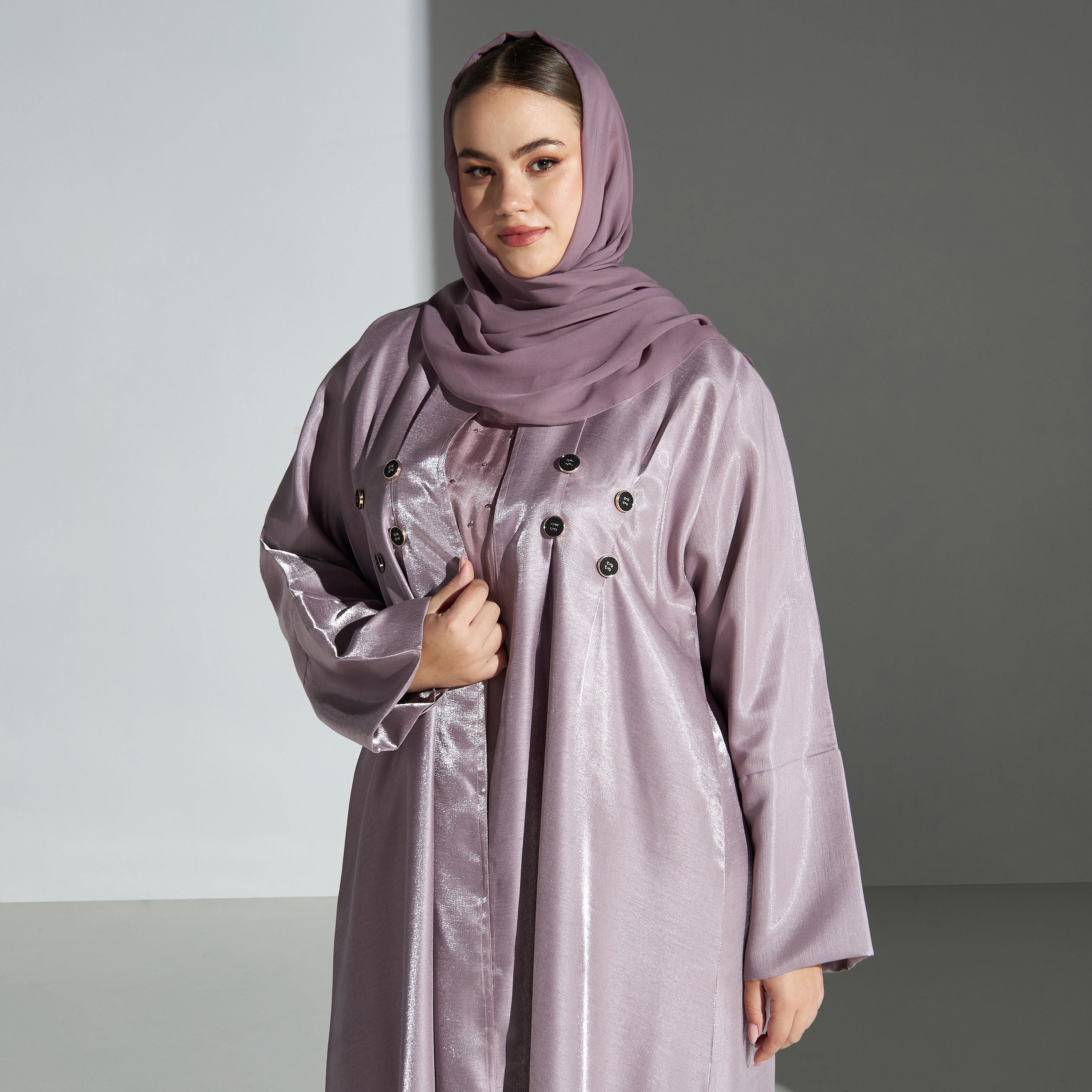 Malikah Plus Size Button Accent Open Front Abaya with Hijab-women-arabicclothing-abayas-image-2