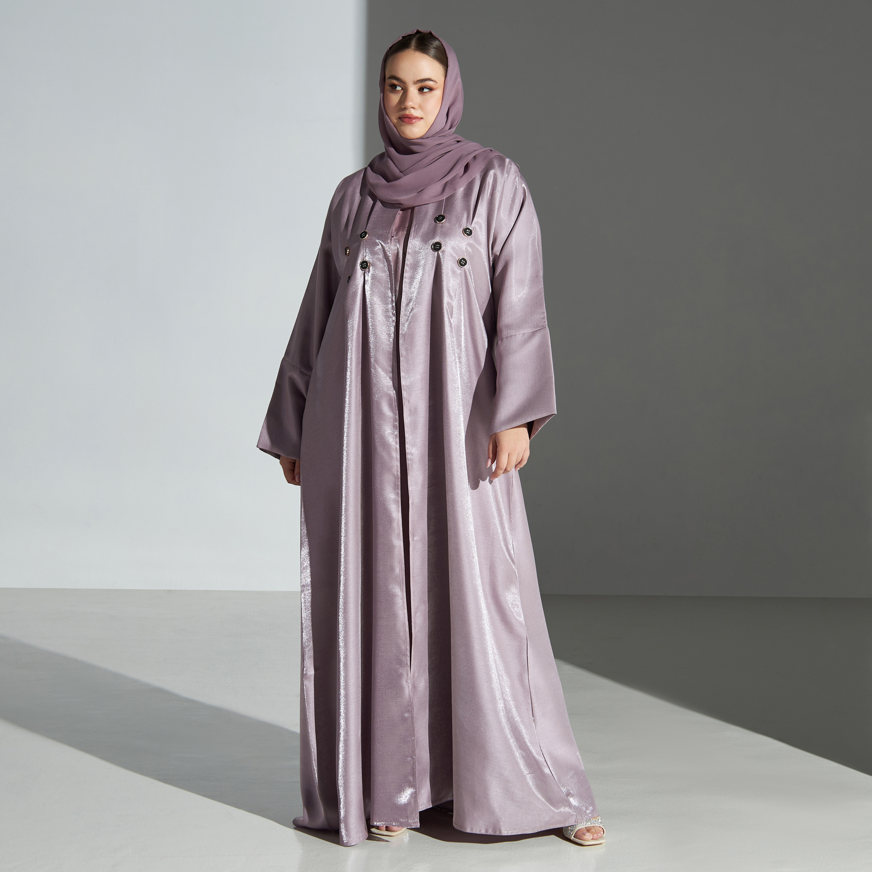 Malikah Plus Size Button Accent Open Front Abaya with Hijab-women-arabicclothing-abayas-image-4
