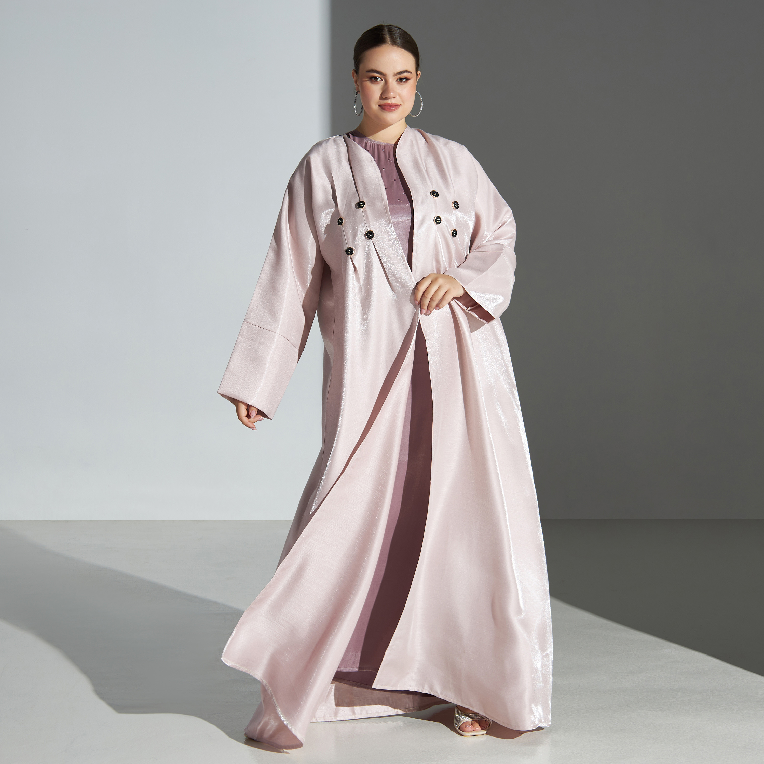 Malikah Plus Size Button Accent Open Front Abaya with Hijab-women-arabicclothing-abayas-image-1