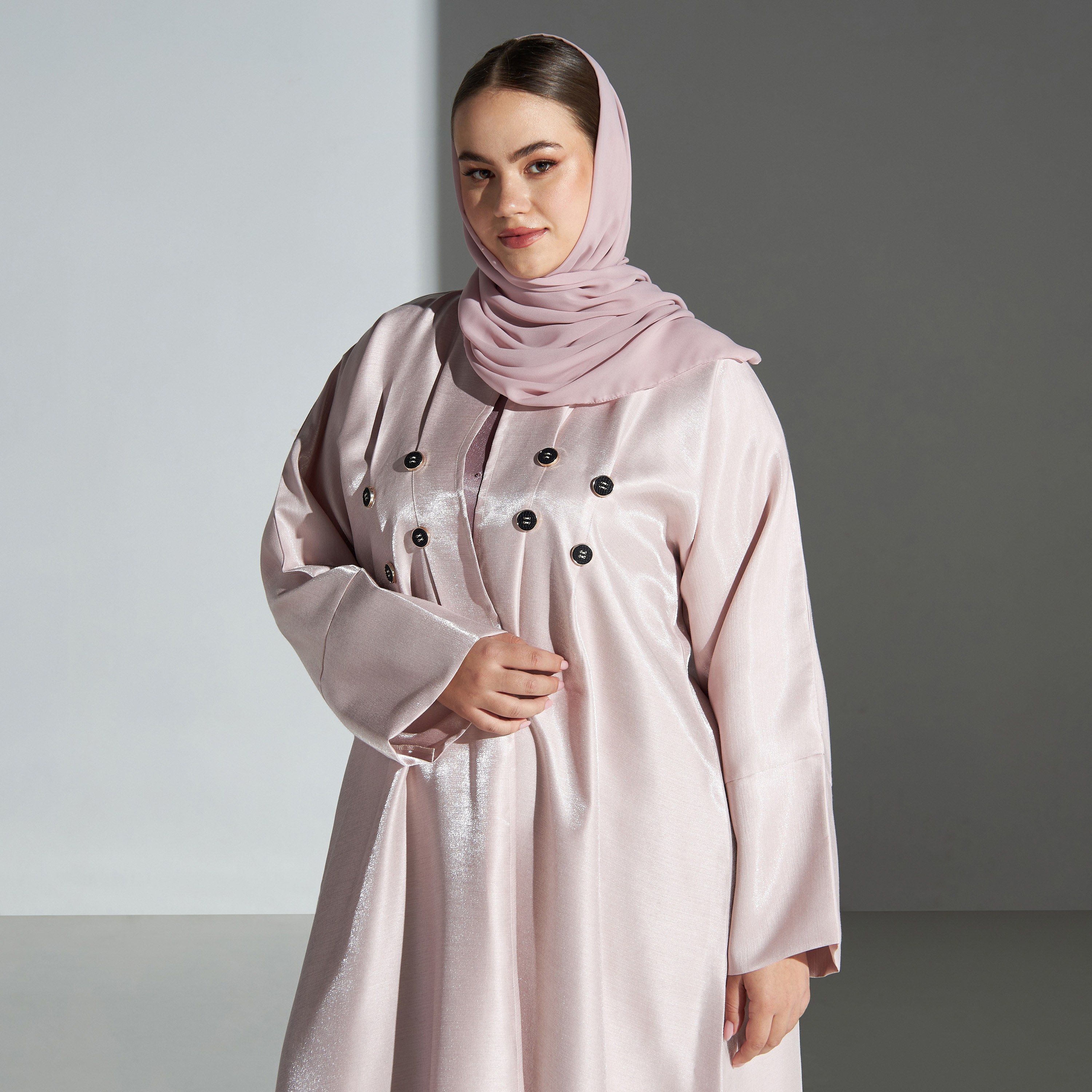Malikah Plus Size Button Accent Open Front Abaya with Hijab-women-arabicclothing-abayas-image-2