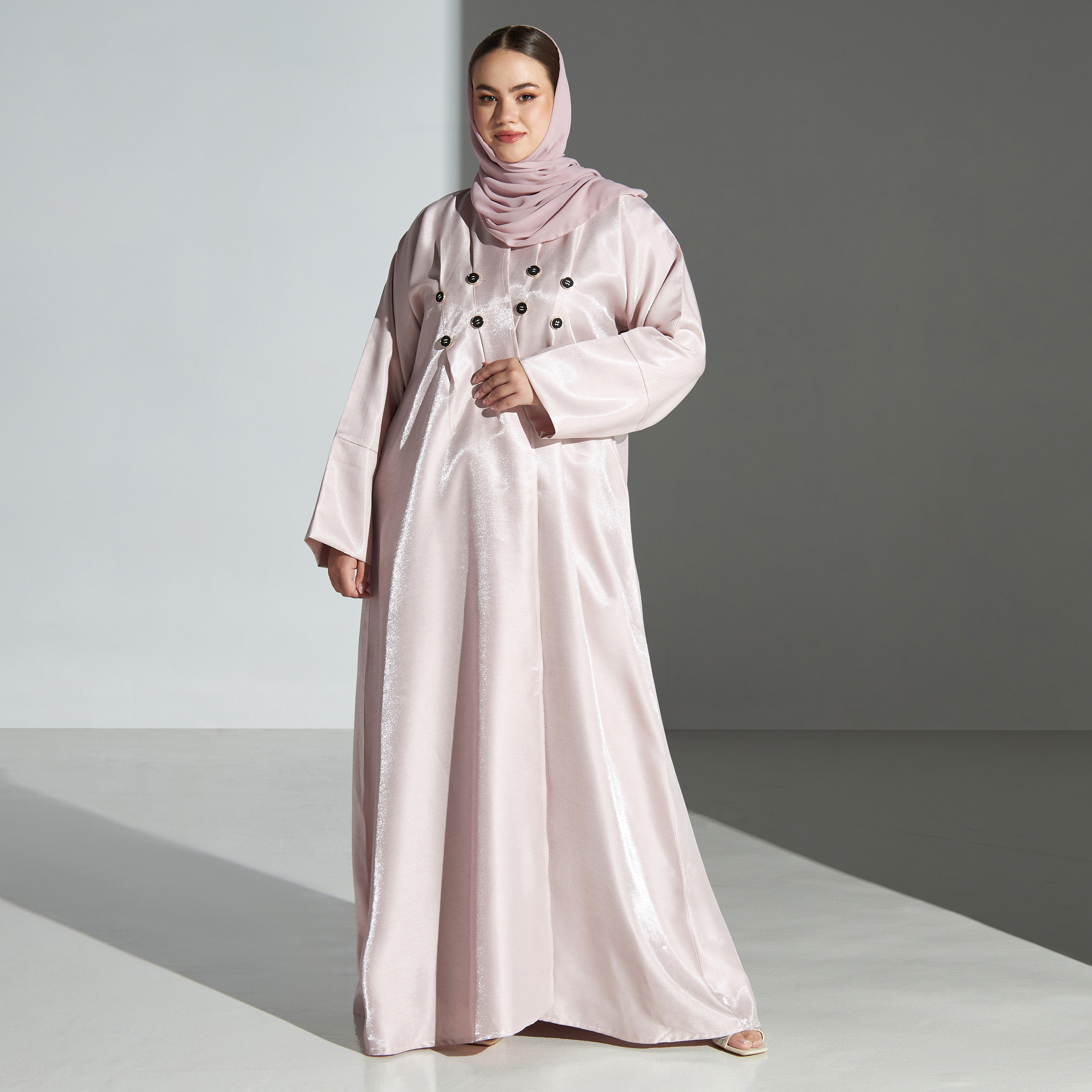 Malikah Plus Size Button Accent Open Front Abaya with Hijab-women-arabicclothing-abayas-image-4