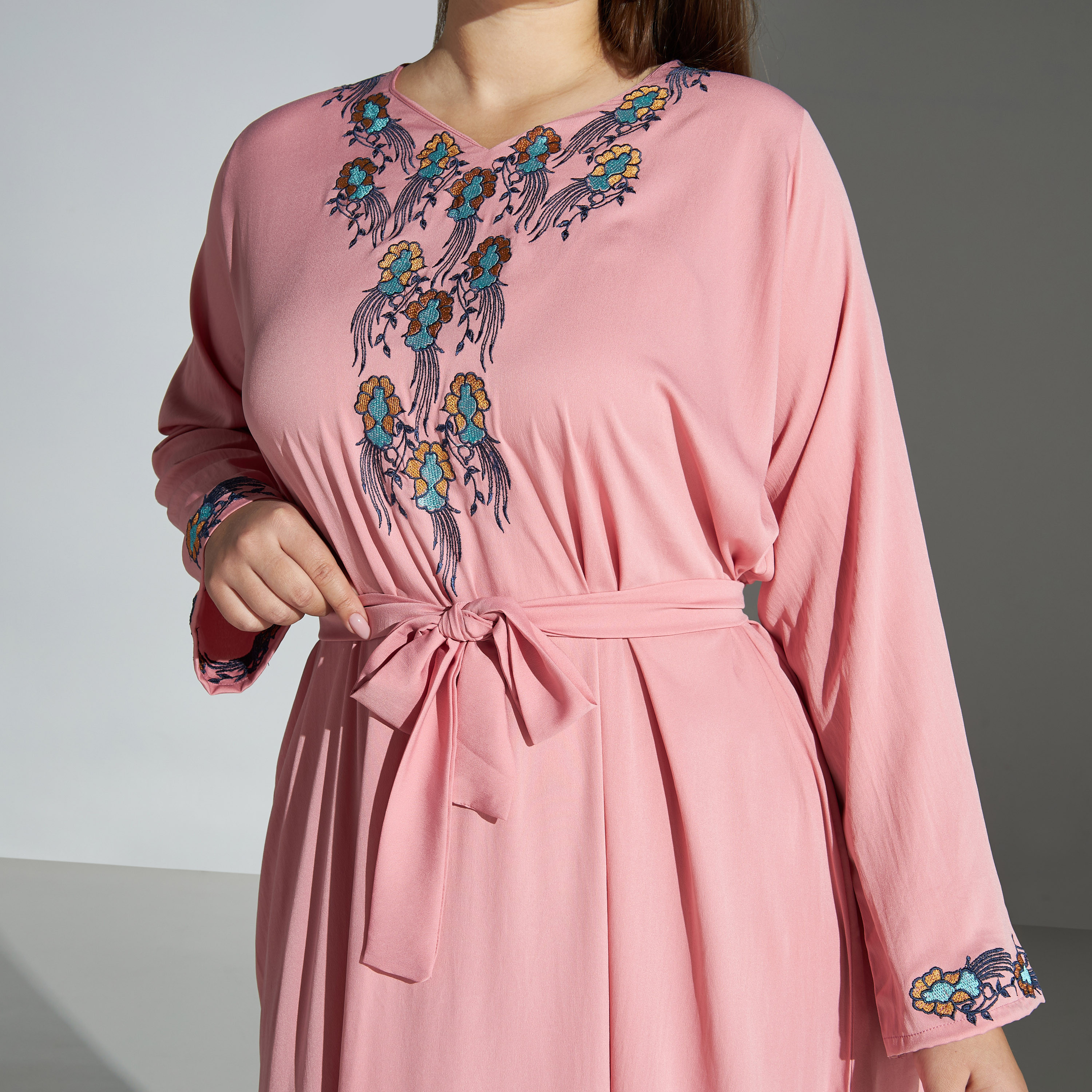 Malikah Plus Size Embroidered Abaya with Tie-Up Belt-women-arabicclothing-abayas-image-3