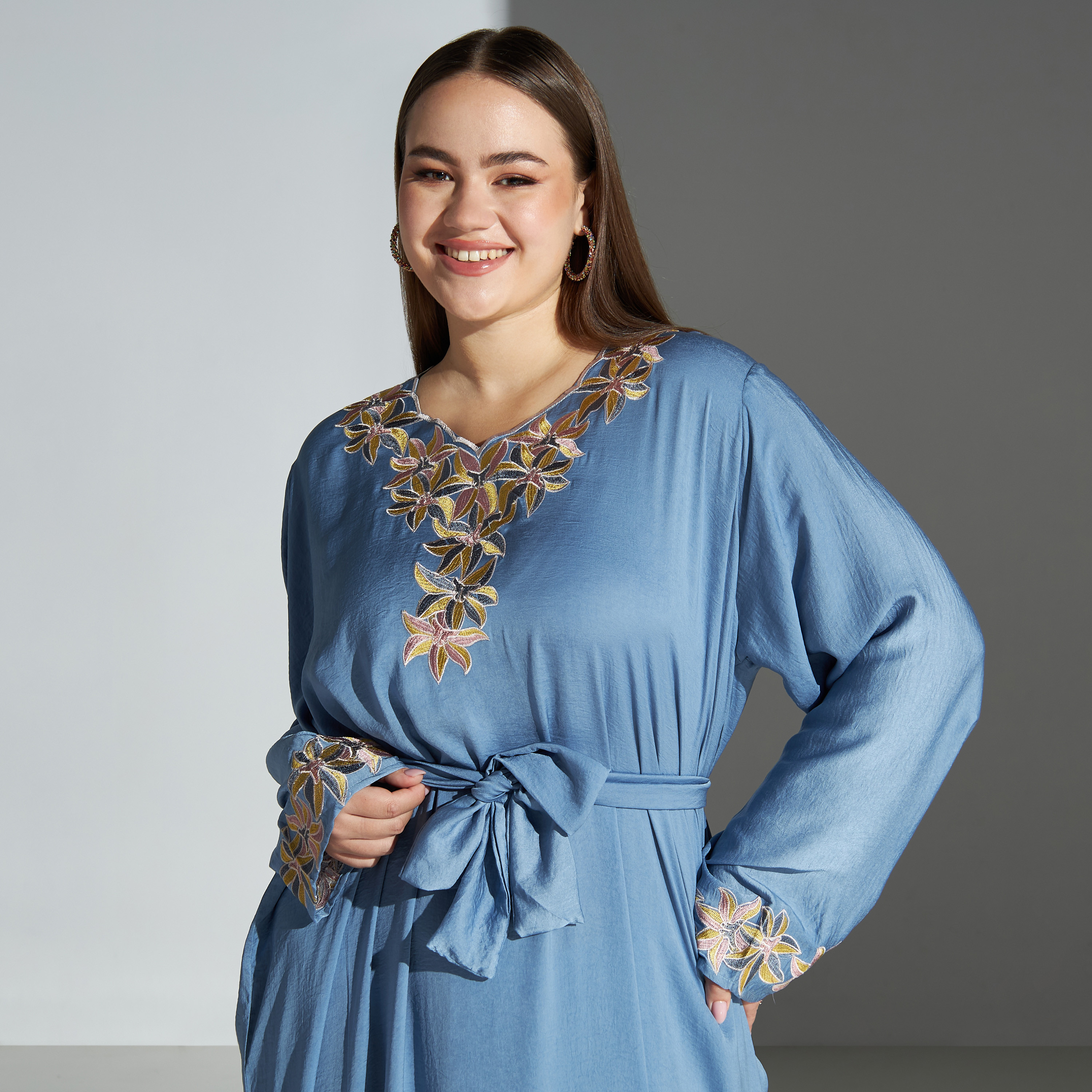 Malikah Floral Embroidered Plus Size Jalabiya with Tie-Up Belt - for Mom-women-arabicclothing-jalabiyas-image-2
