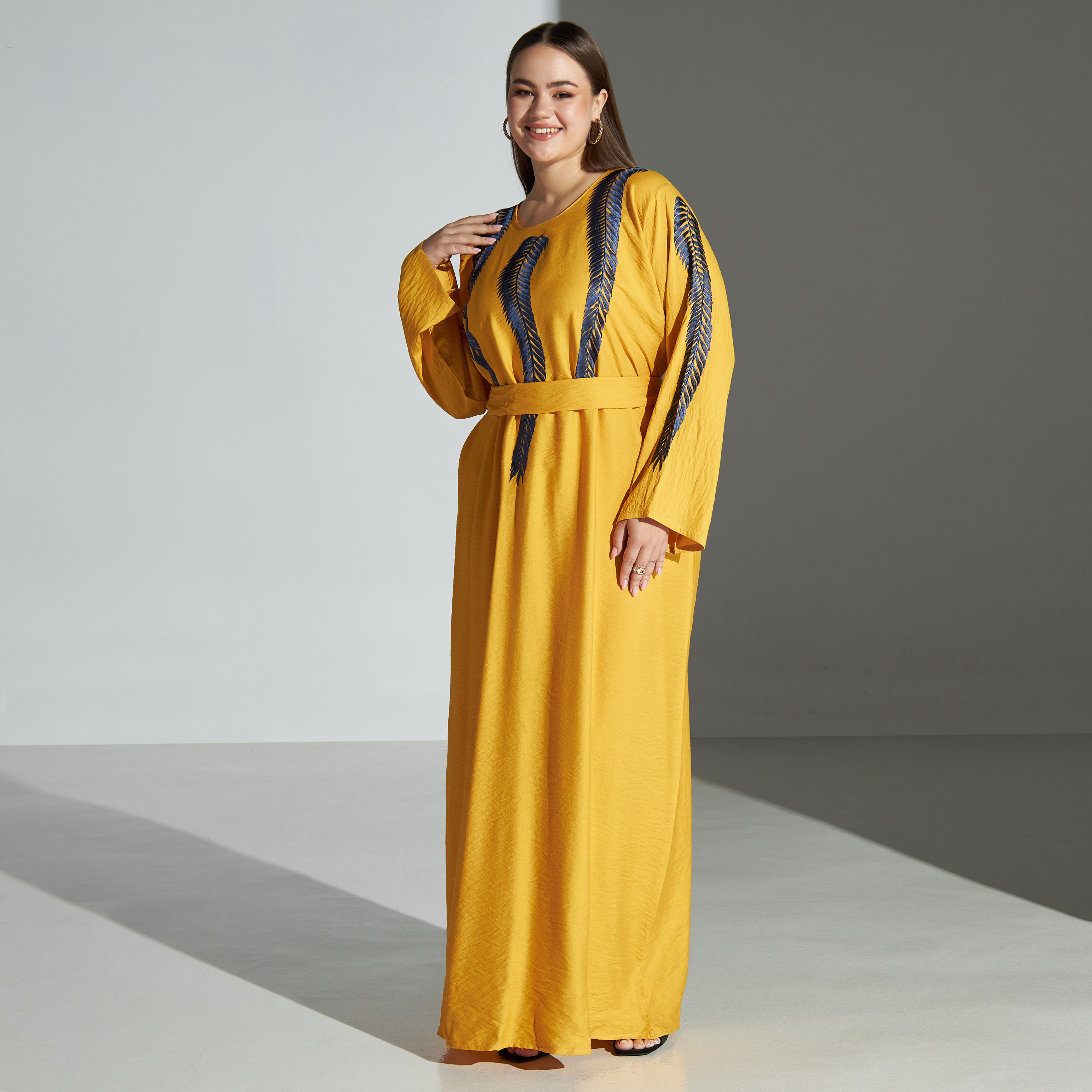 Malikah Embroidered Plus Size Jalabiya with Tie-Up Belt-women-arabicclothing-jalabiyas-image-1