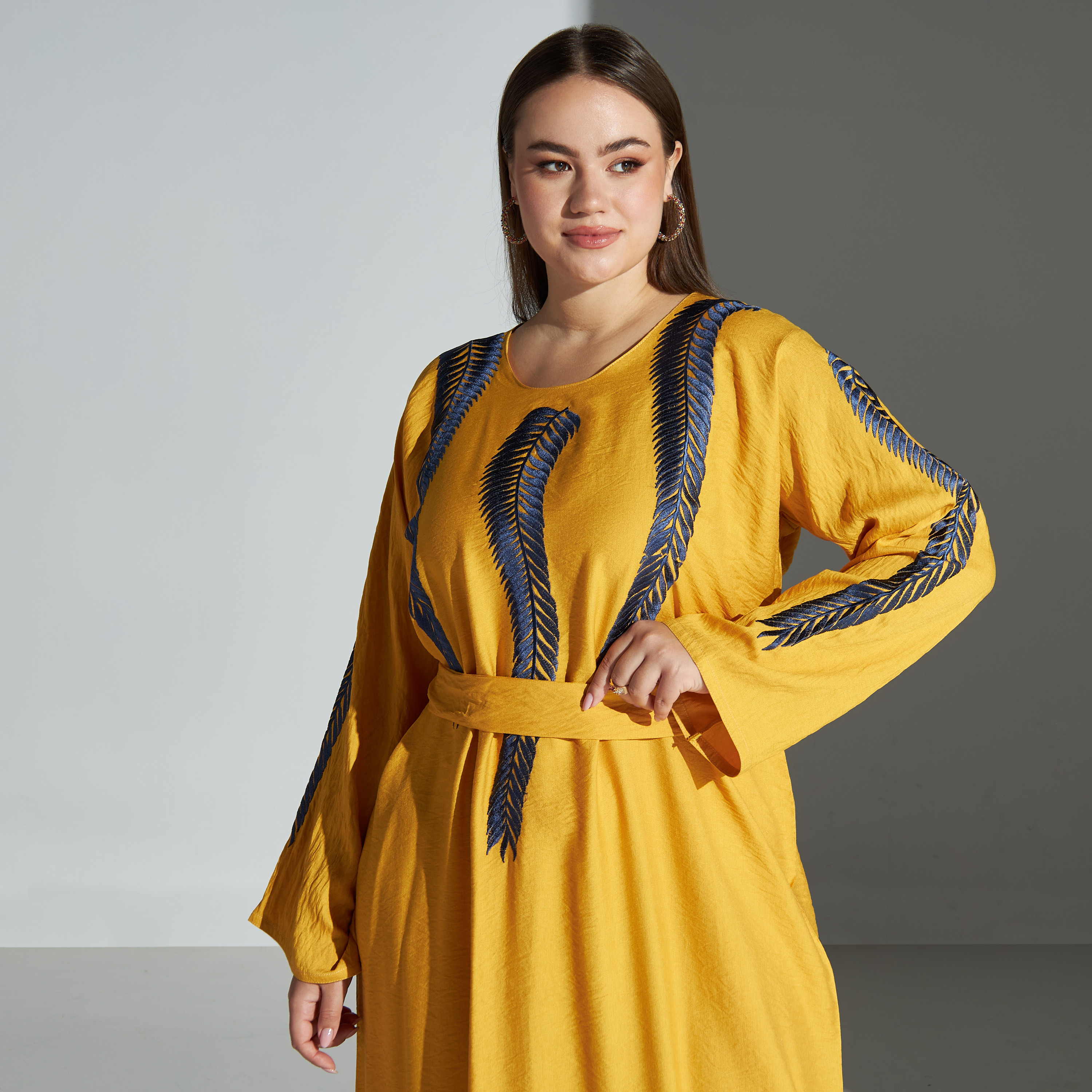 Malikah Embroidered Plus Size Jalabiya with Tie-Up Belt-women-arabicclothing-jalabiyas-image-2