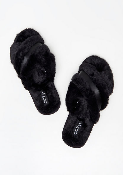 Cozy Crossover Strap Faux Fur Bedroom Slippers with Satin Trim