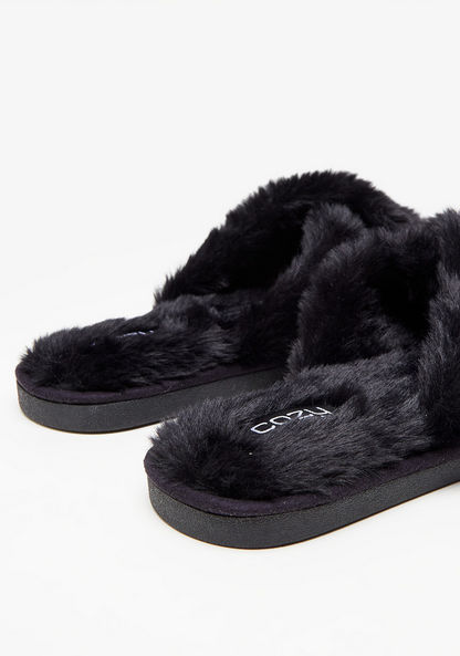 Cozy Crossover Strap Faux Fur Bedroom Slippers with Satin Trim