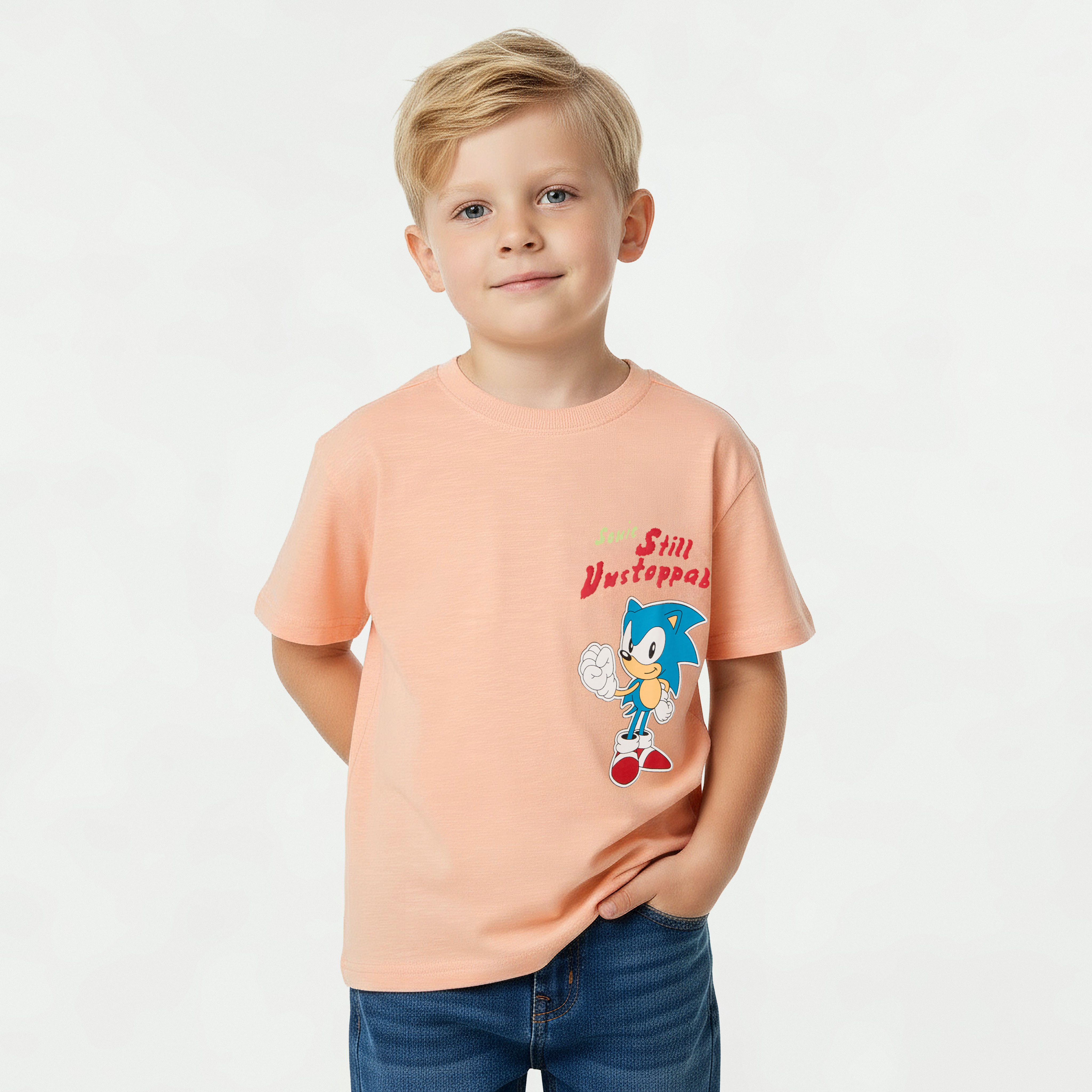 Crew Neck Short Sleeve T-shirt with Sonic Print-boys-clothing-tshirtsandpolos-image-1